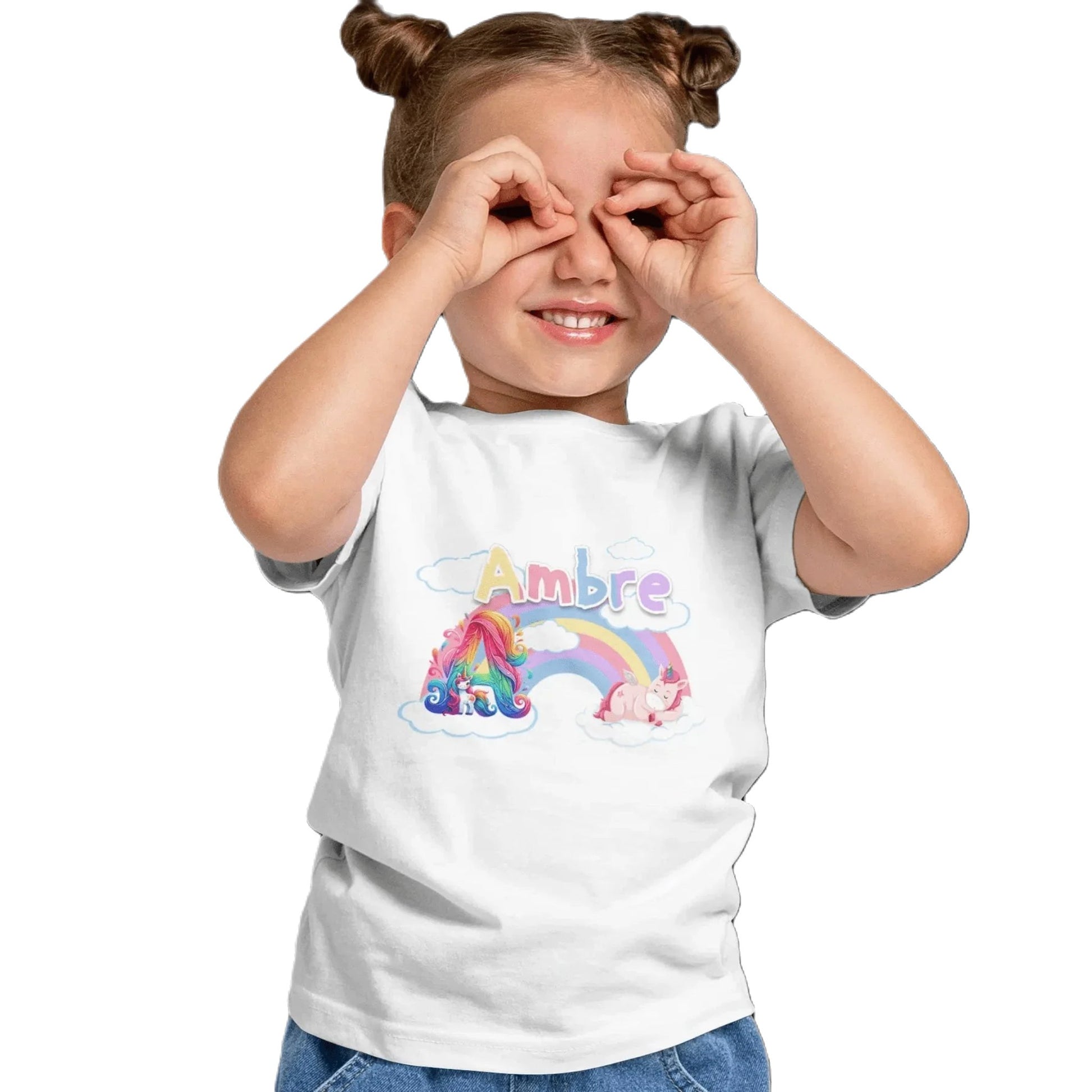 T shirt personnalisé pour fille - Licorne endormie et arc - en - ciel avec prénom et initiale - MiniLook