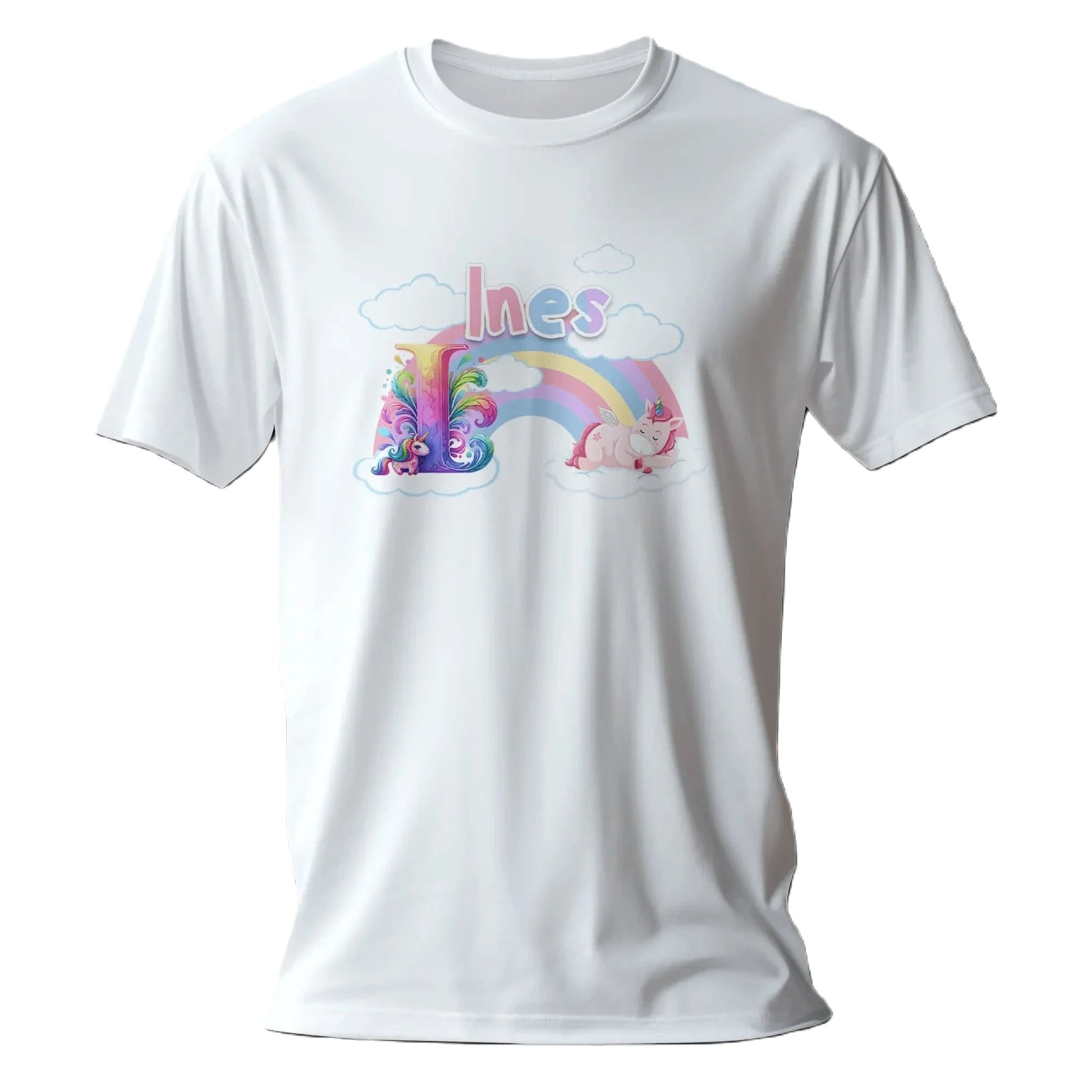 T shirt personnalisé pour fille - Licorne endormie et arc - en - ciel avec prénom et initiale - MiniLook