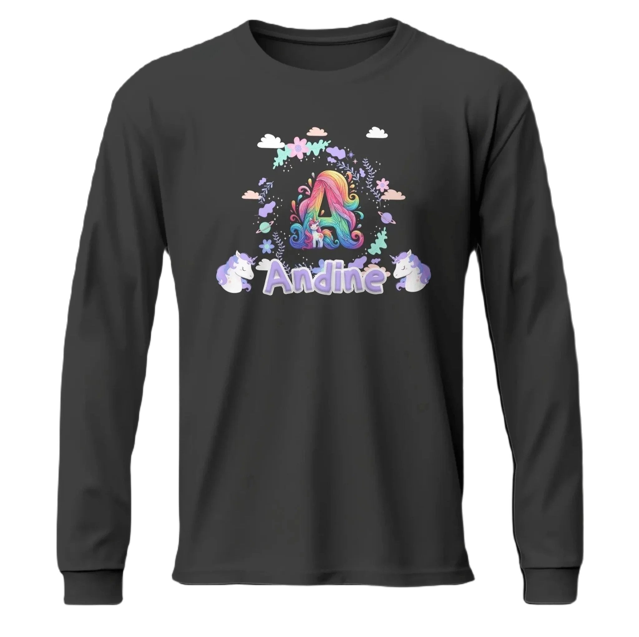 T shirt personnalisé pour fille - Licorne et nuages fleuris avec prénom et initiale - MiniLook