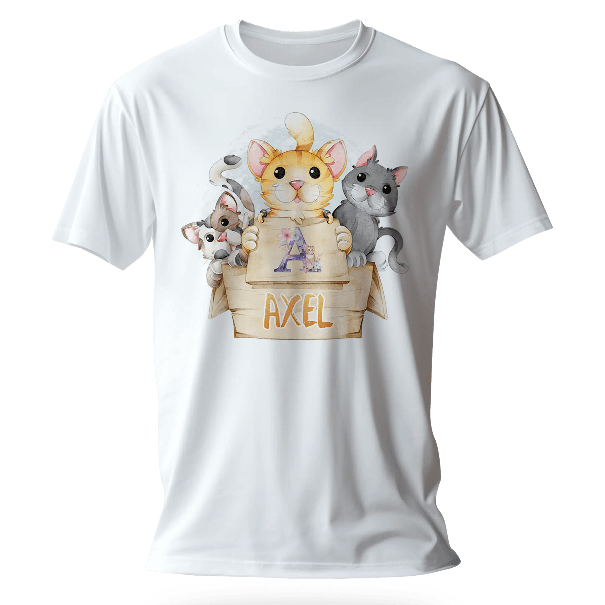 T-Shirt Personnalisé - Prénom et Initiale - Motif 3 Chats dans une Boîte - MiniLook