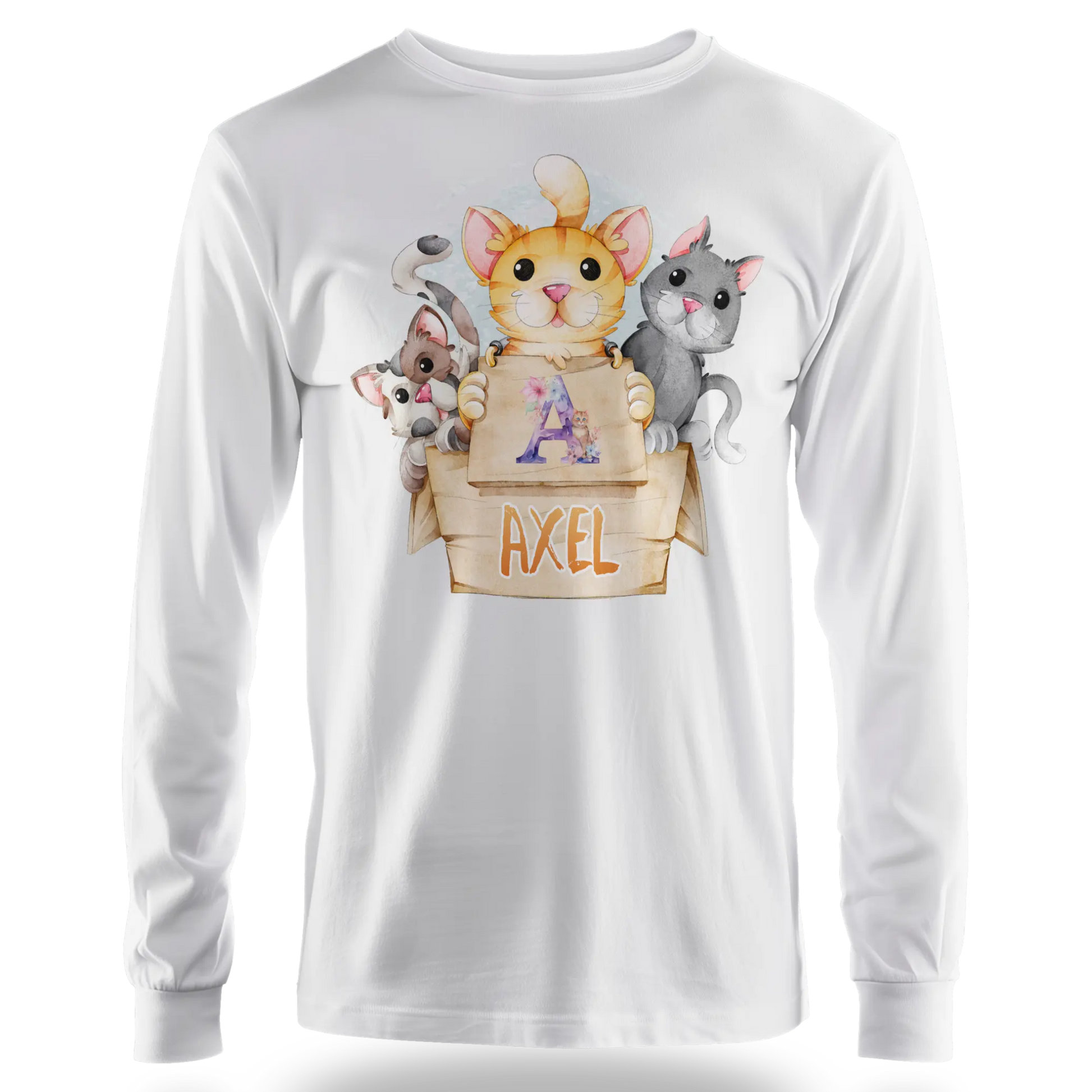 T-Shirt Personnalisé - Prénom et Initiale - Motif 3 Chats dans une Boîte - MiniLook