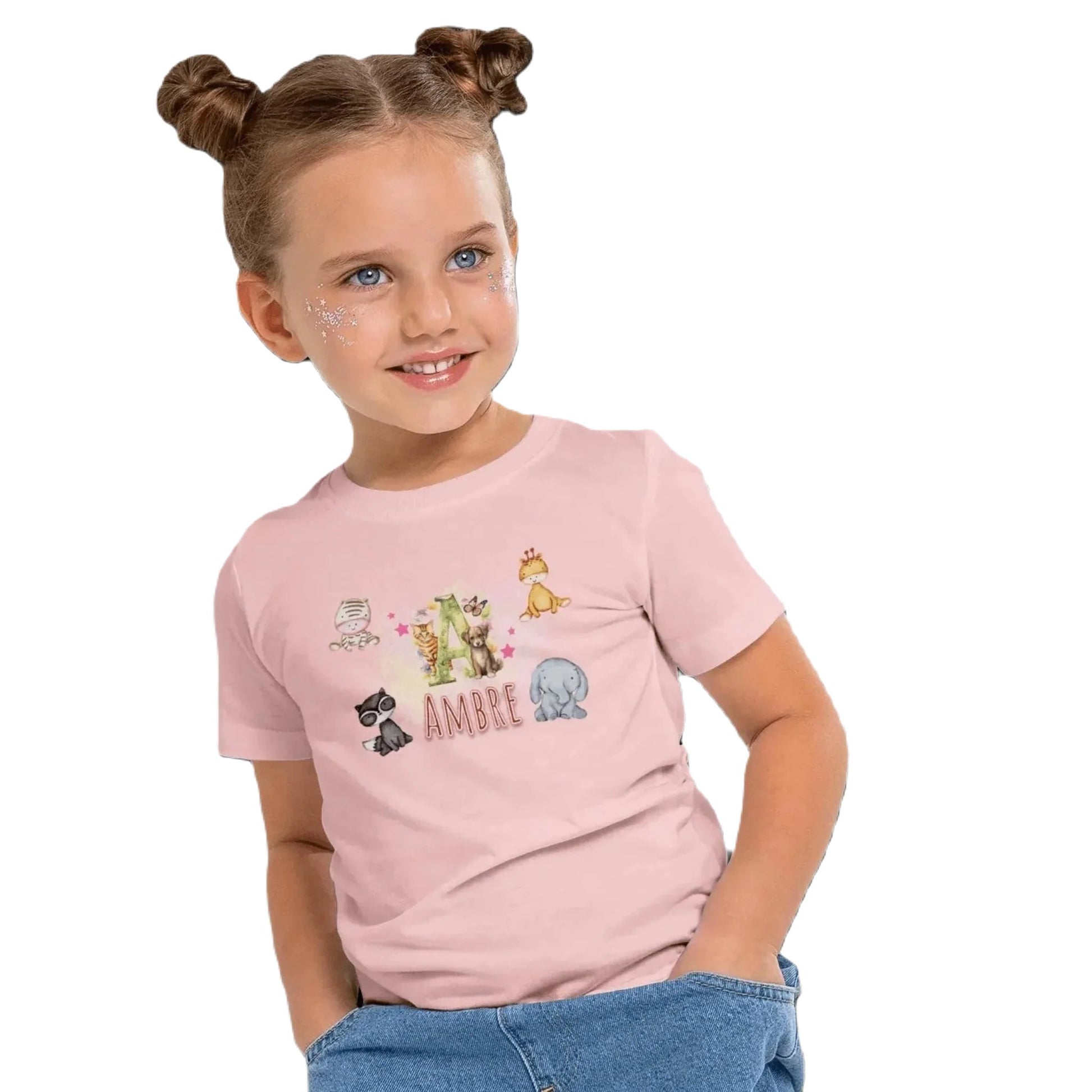 T Shirt Personnaliser avec Prénom - Motif Animaux du Zoo & Fond Nuageux - MiniLook