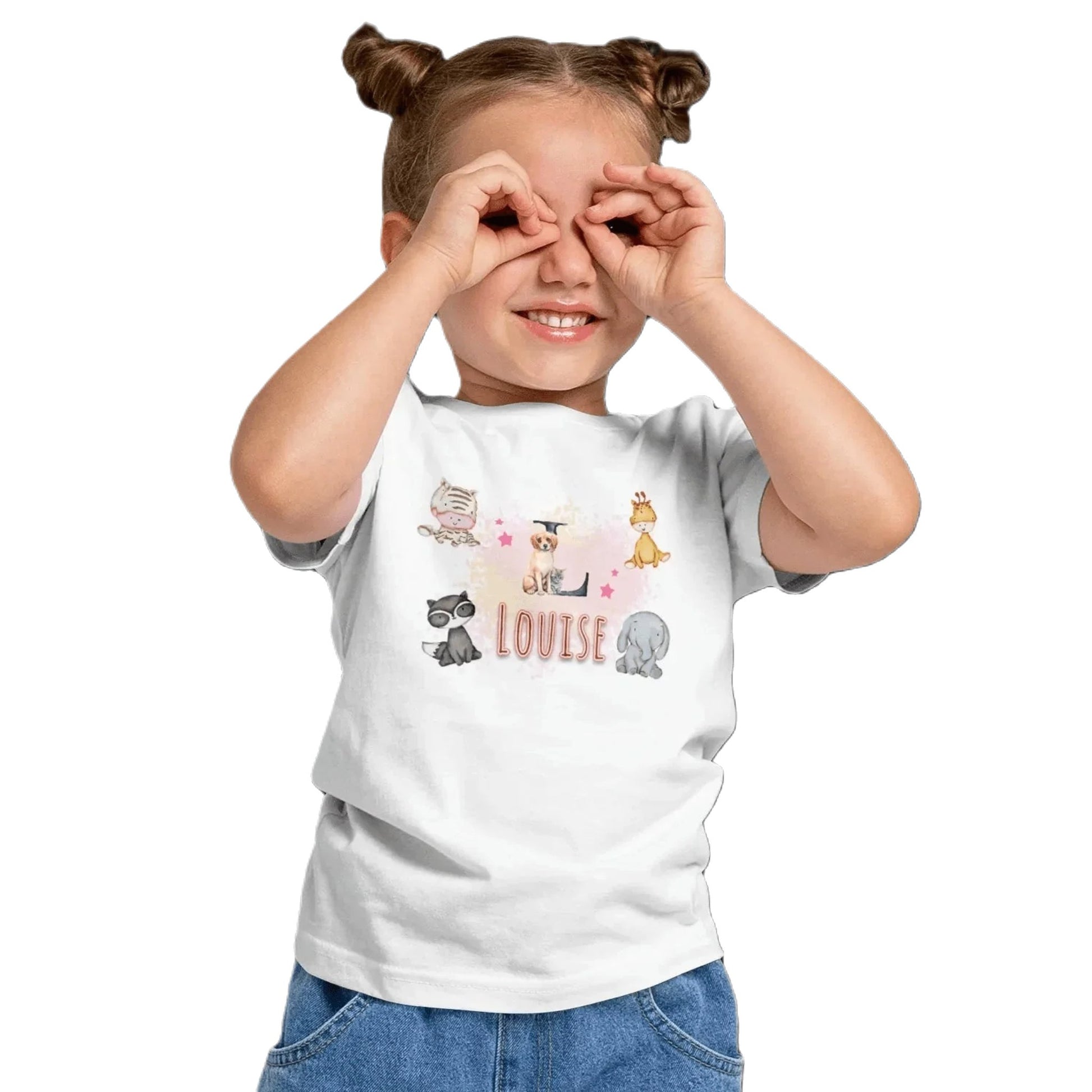 T Shirt Personnaliser avec Prénom - Motif Animaux du Zoo & Fond Nuageux - MiniLook