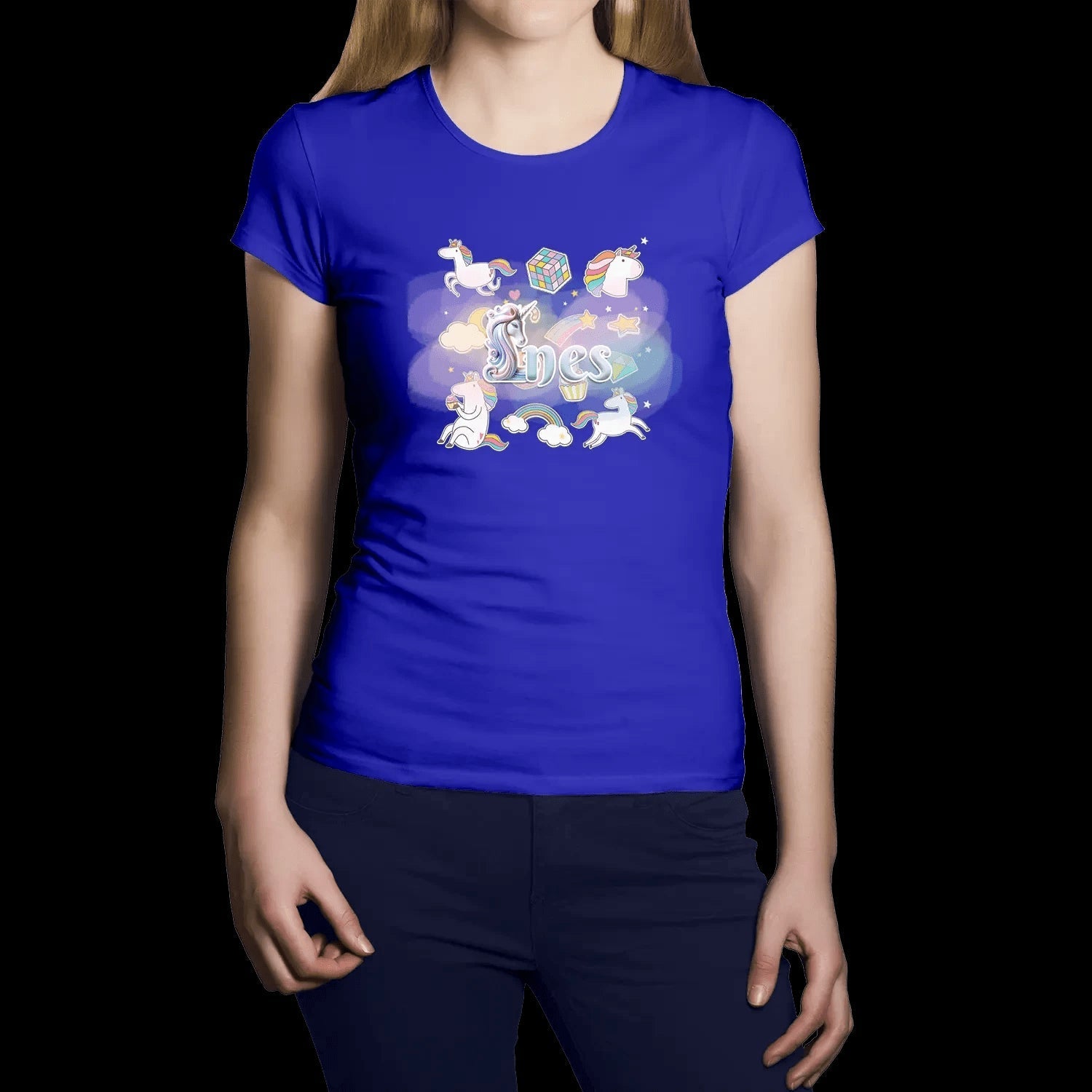 T shirt personnaliser femme – Motif licorne et étoiles avec prénom - MiniLook