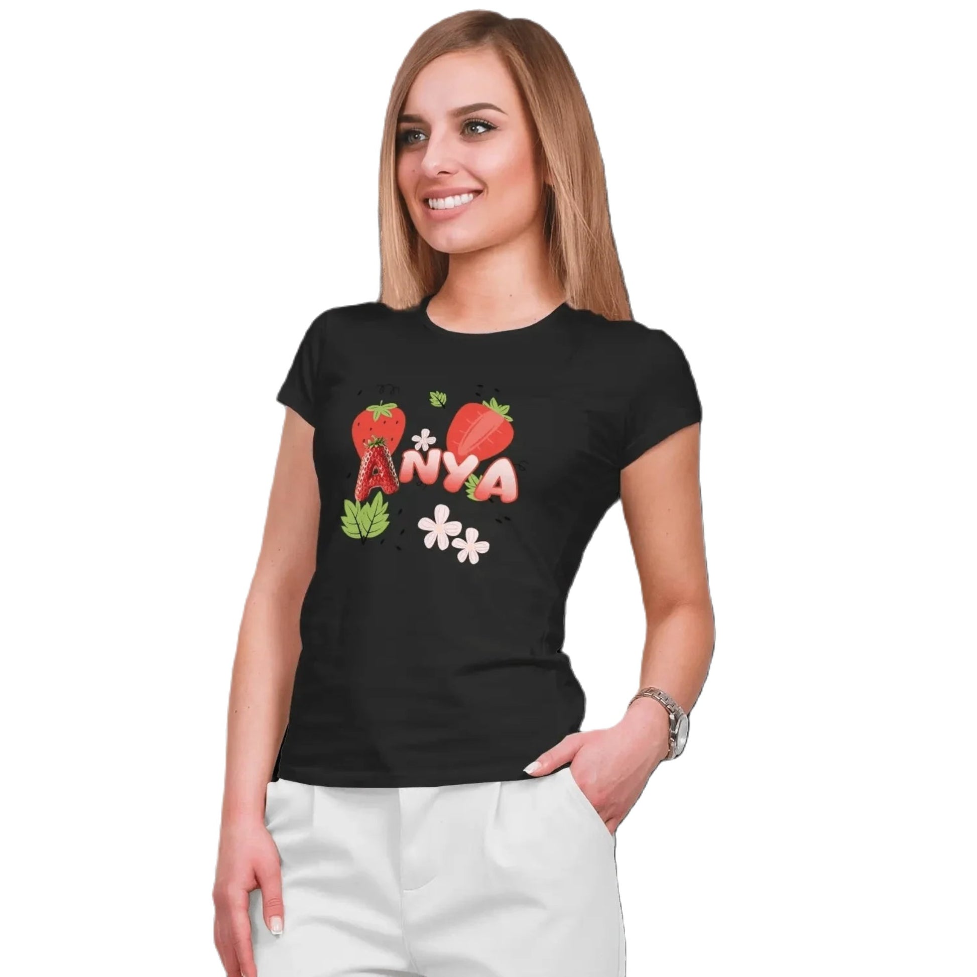 T shirt personnaliser femme – Prénom avec design fraise et feuille - MiniLook