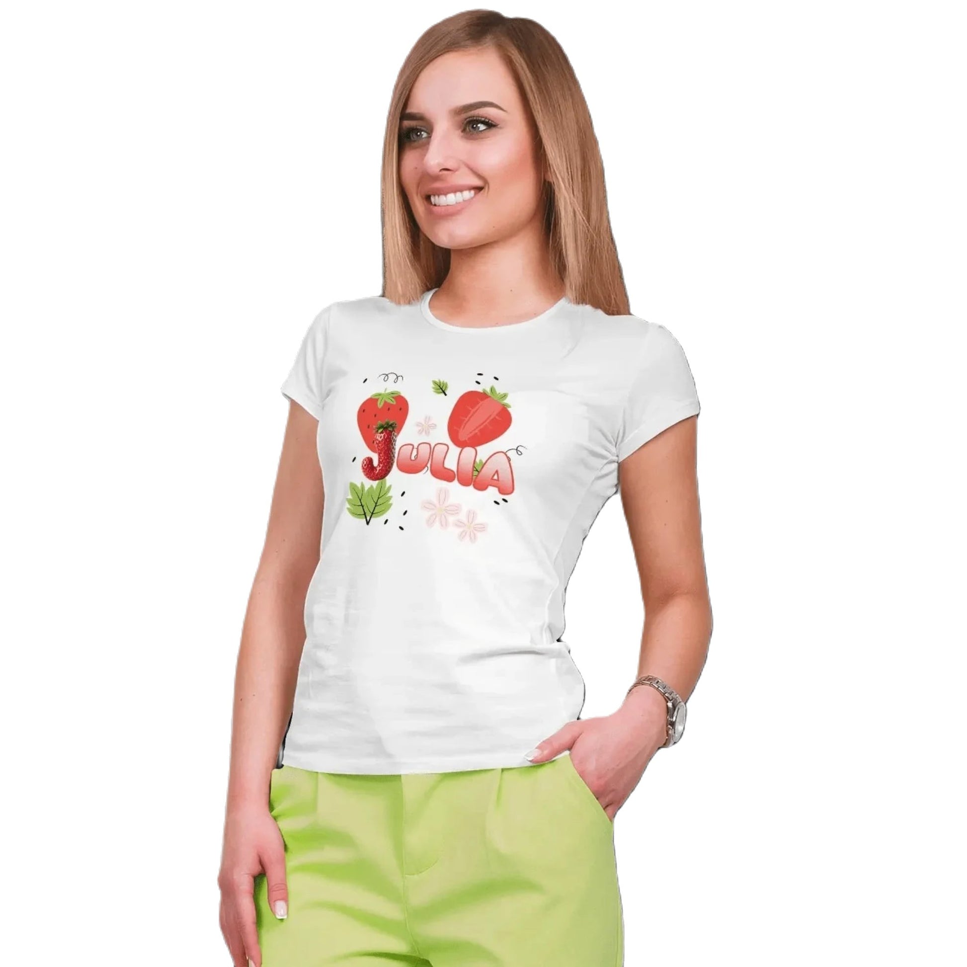 T shirt personnaliser femme – Prénom avec design fraise et feuille - MiniLook