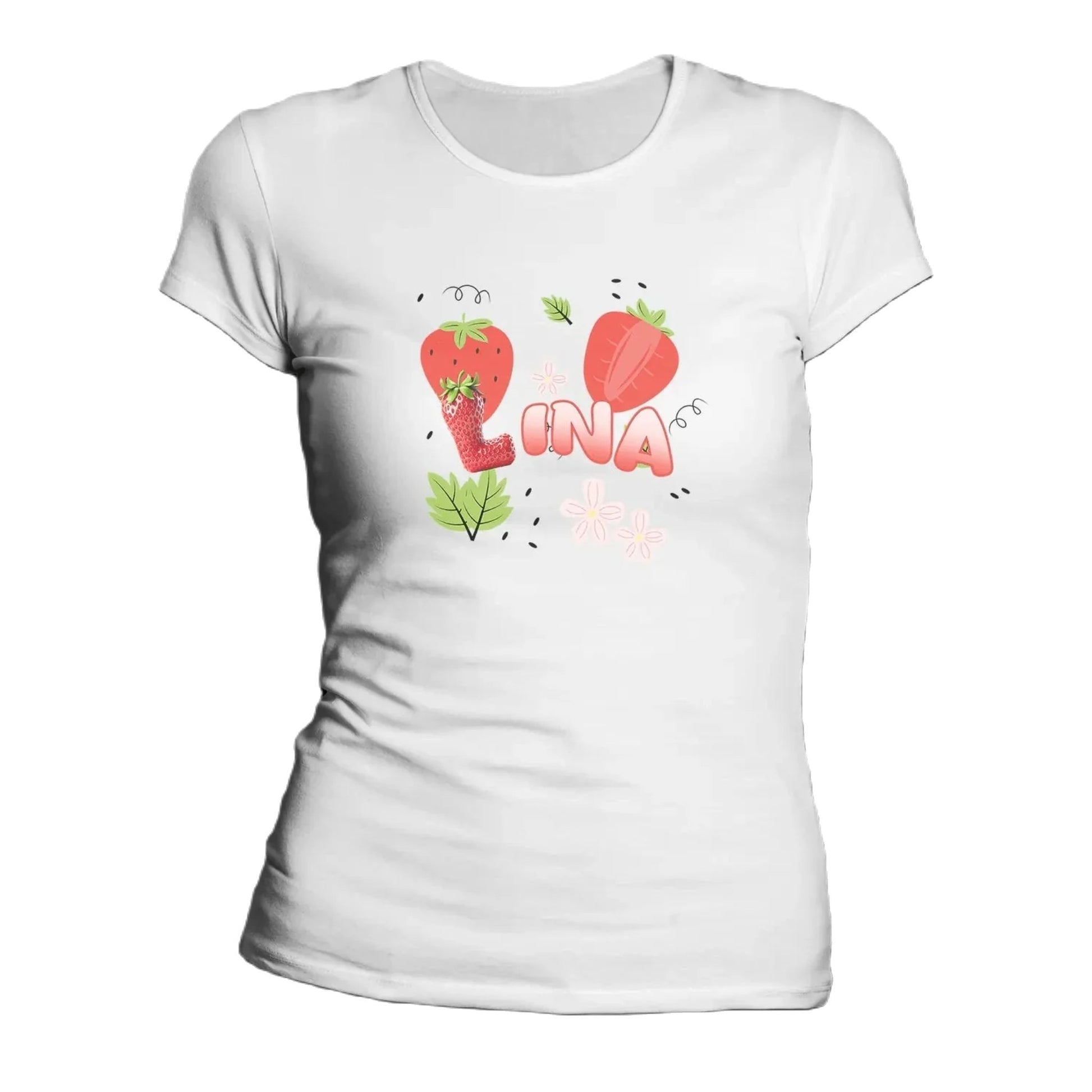 T shirt personnaliser femme – Prénom avec design fraise et feuille - MiniLook