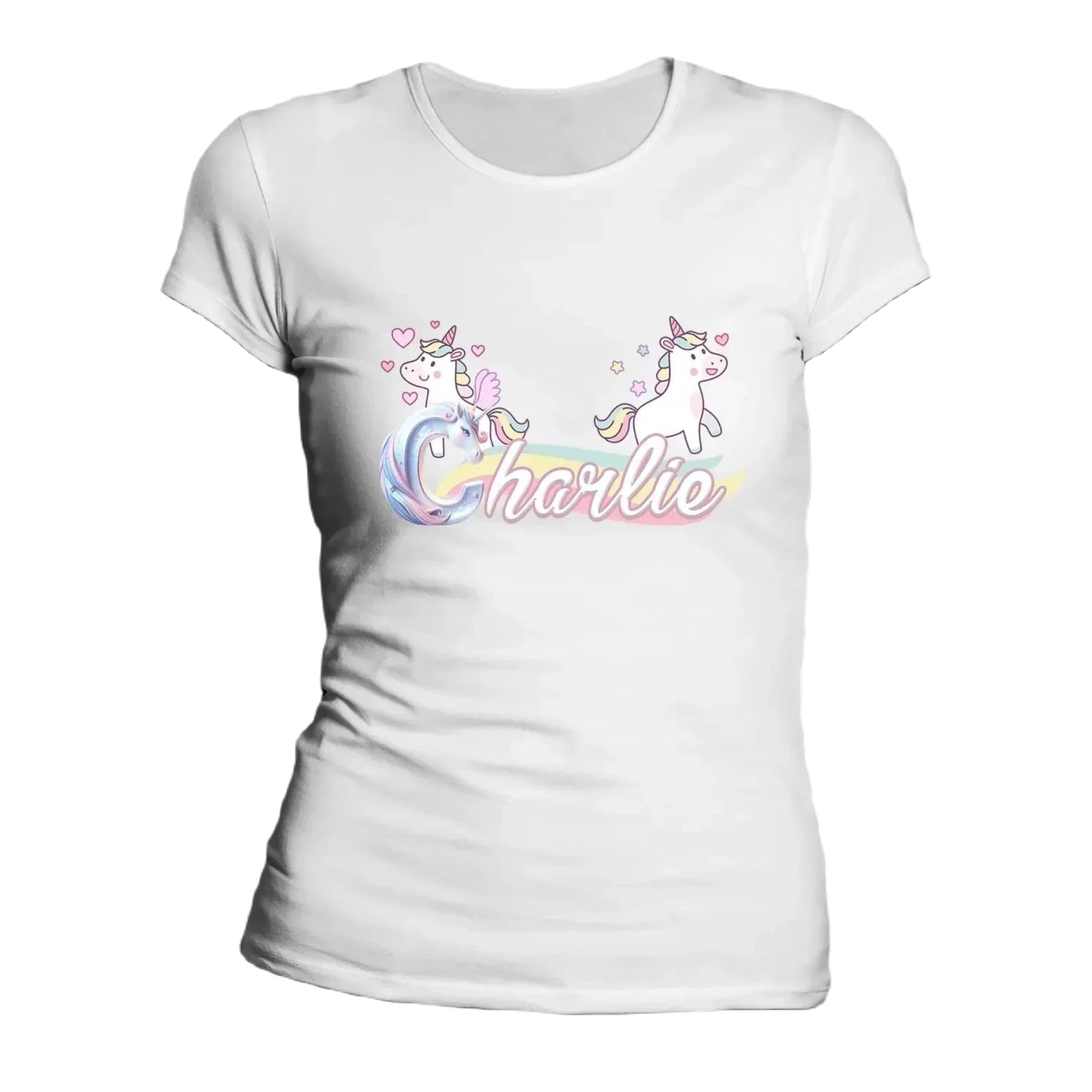 T shirt personnaliser femme – Prénom avec design licornes et arc - en - ciel - MiniLook