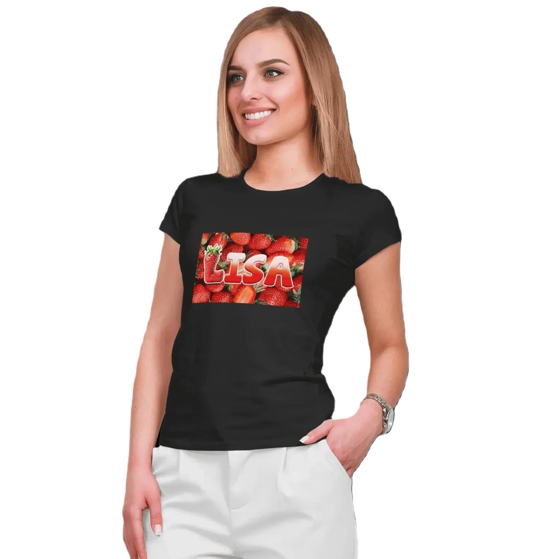 T shirt personnaliser femme – Prénom avec fond de fraise - MiniLook