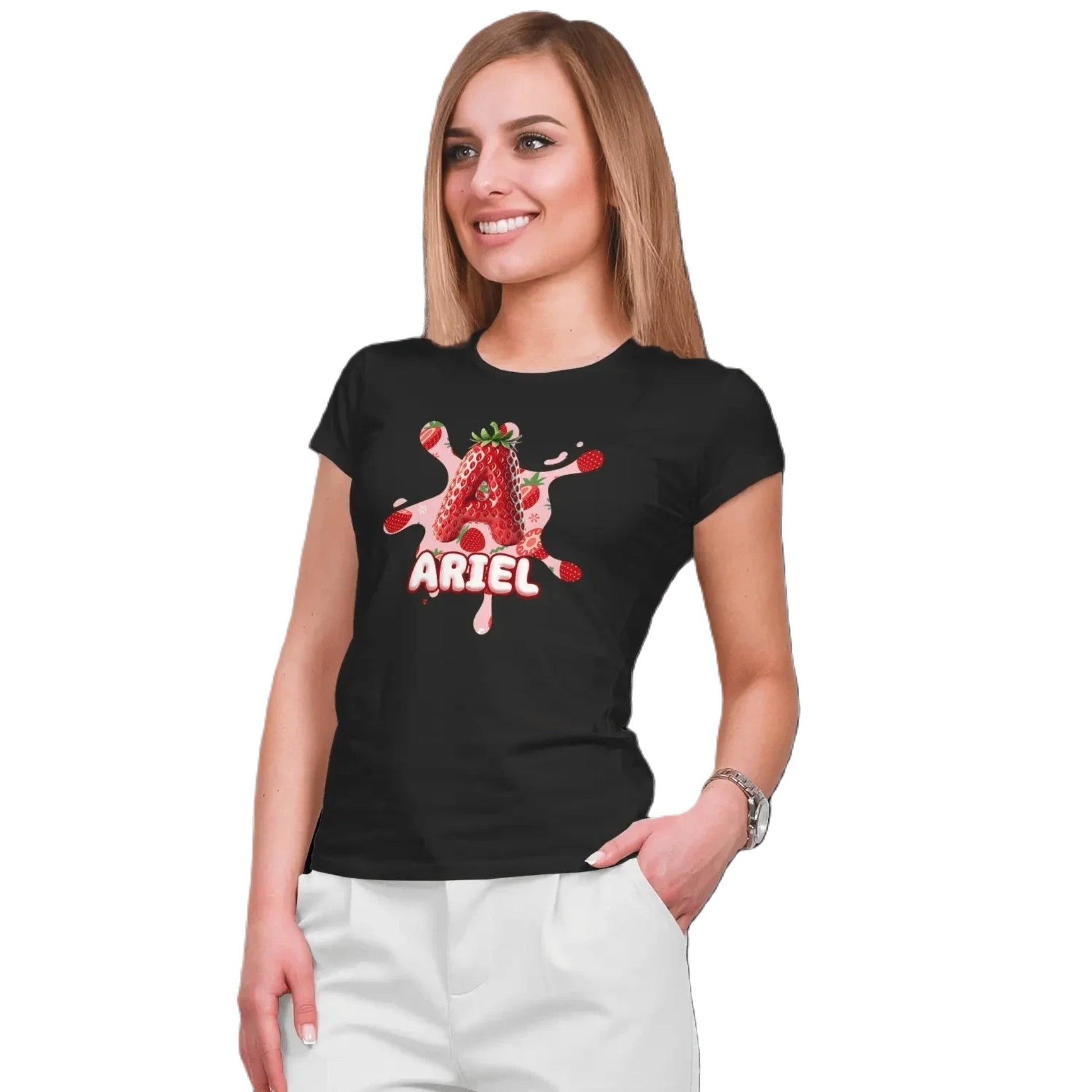 T shirt personnaliser femme – Prénom et initiale avec design fraise et éclaboussures de jus - MiniLook