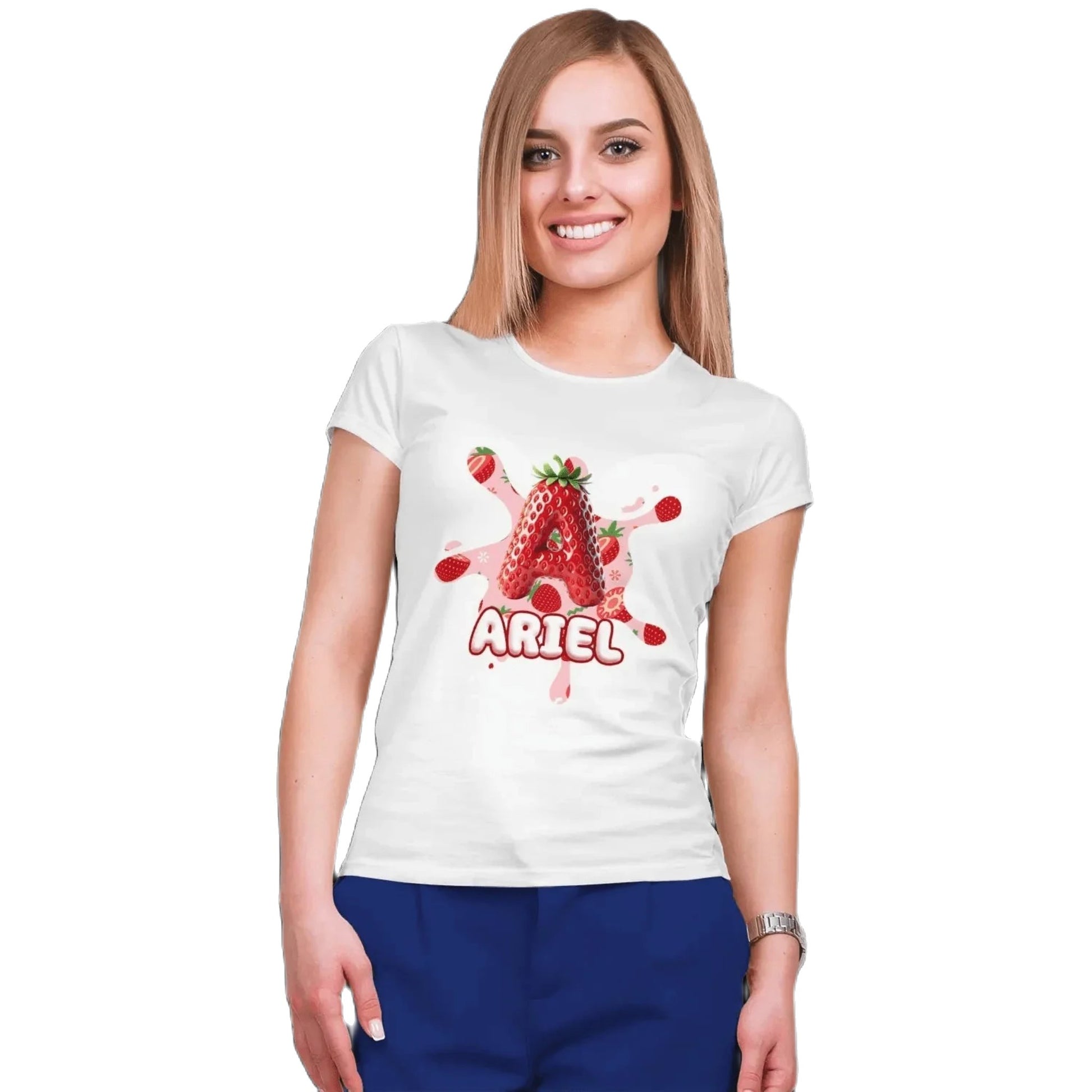 T shirt personnaliser femme – Prénom et initiale avec design fraise et éclaboussures de jus - MiniLook