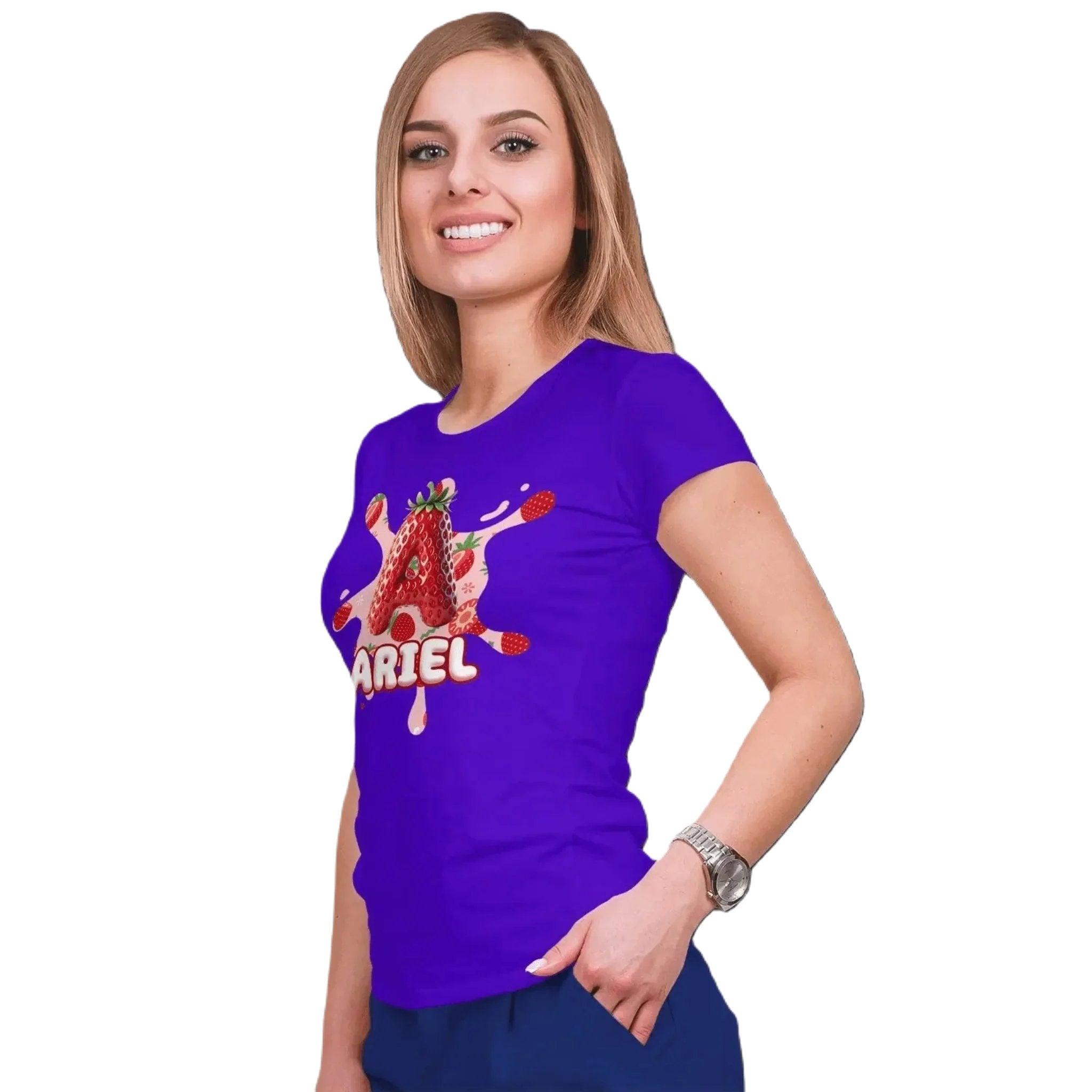 T shirt personnaliser femme – Prénom et initiale avec design fraise et éclaboussures de jus - MiniLook