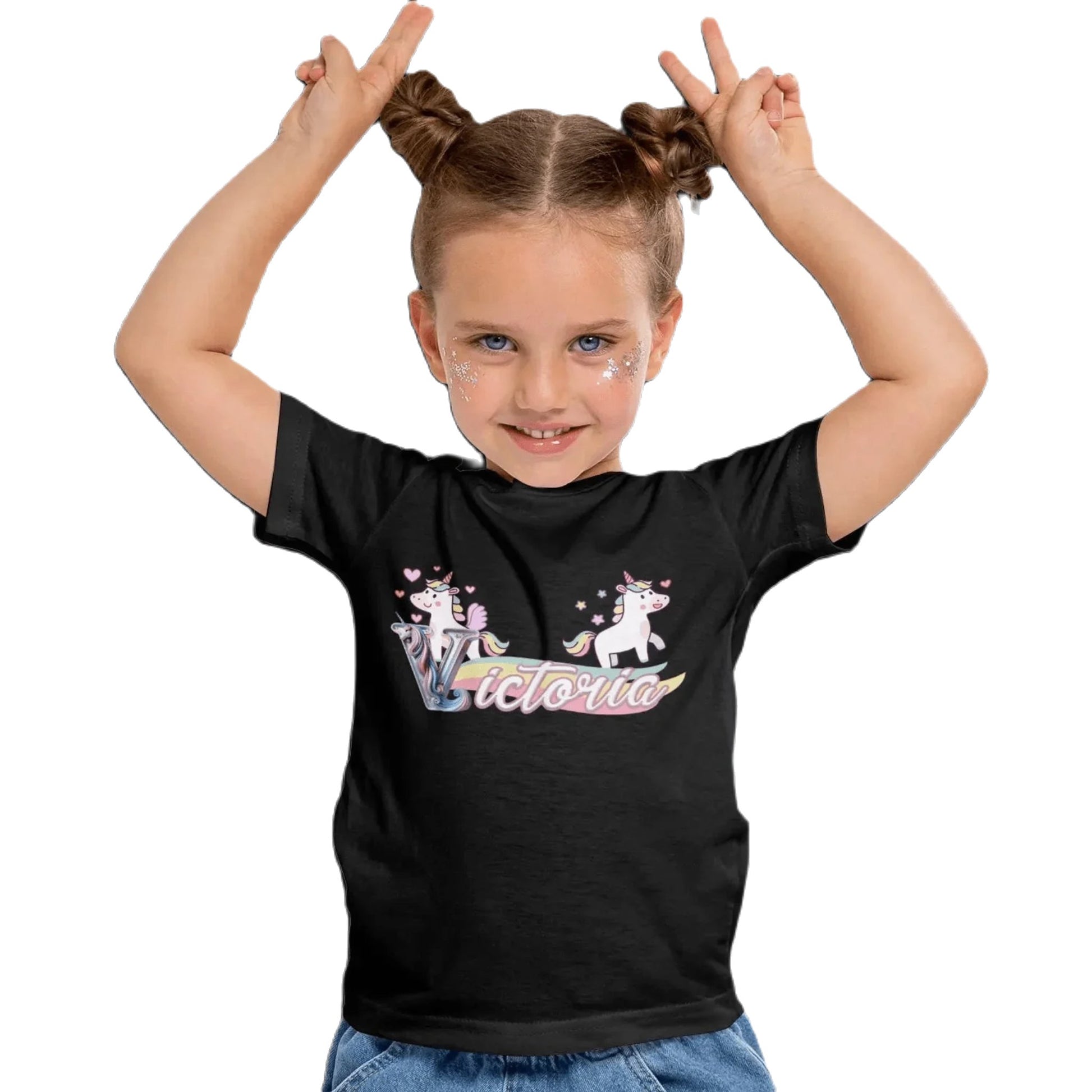 T shirt personnaliser fille – Prénom avec design 2 licornes et arc - en - ciel - MiniLook