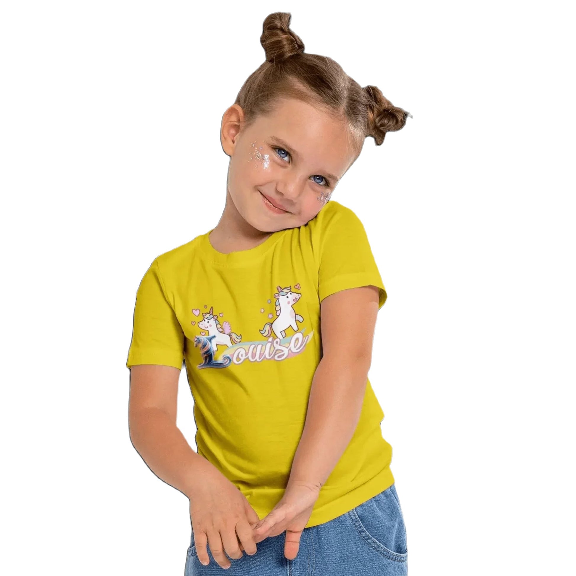 T shirt personnaliser fille – Prénom avec design 2 licornes et arc - en - ciel - MiniLook