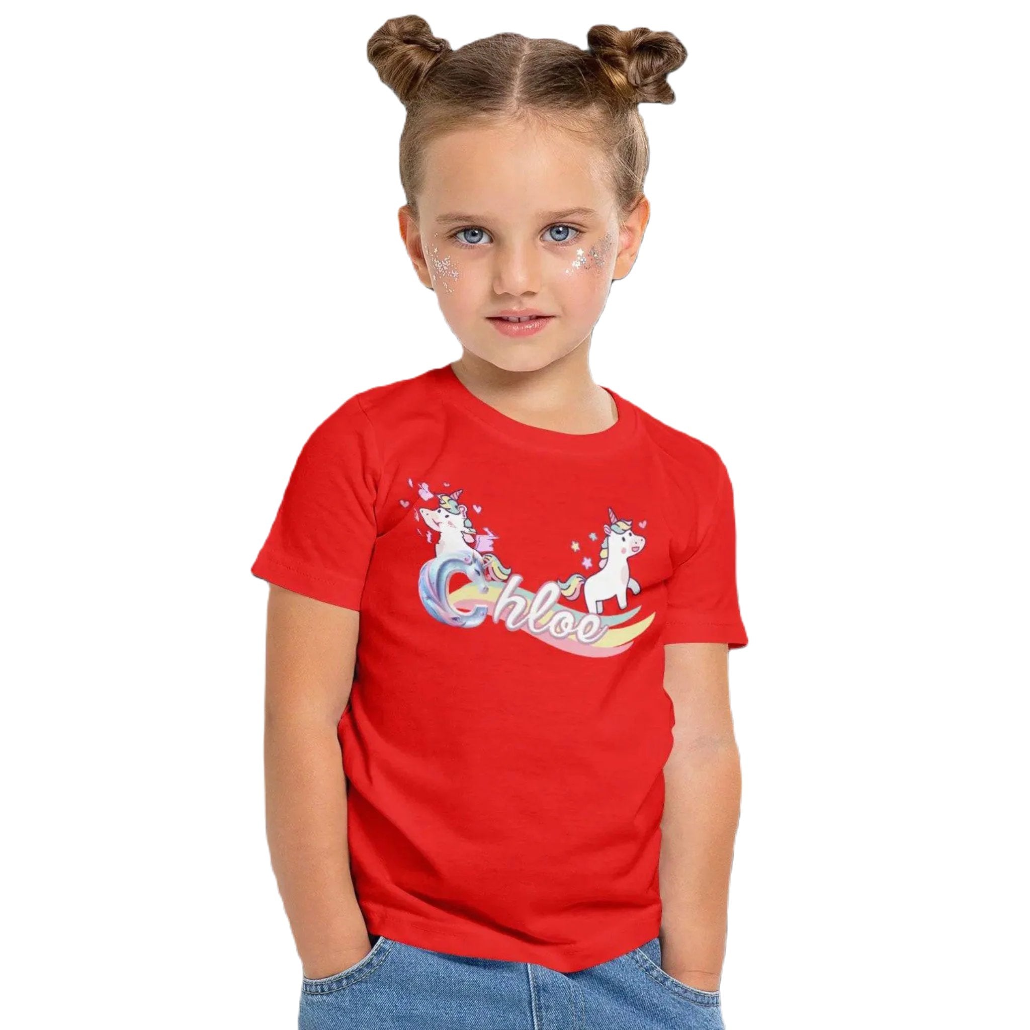 T shirt personnaliser fille – Prénom avec design 2 licornes et arc - en - ciel - MiniLook