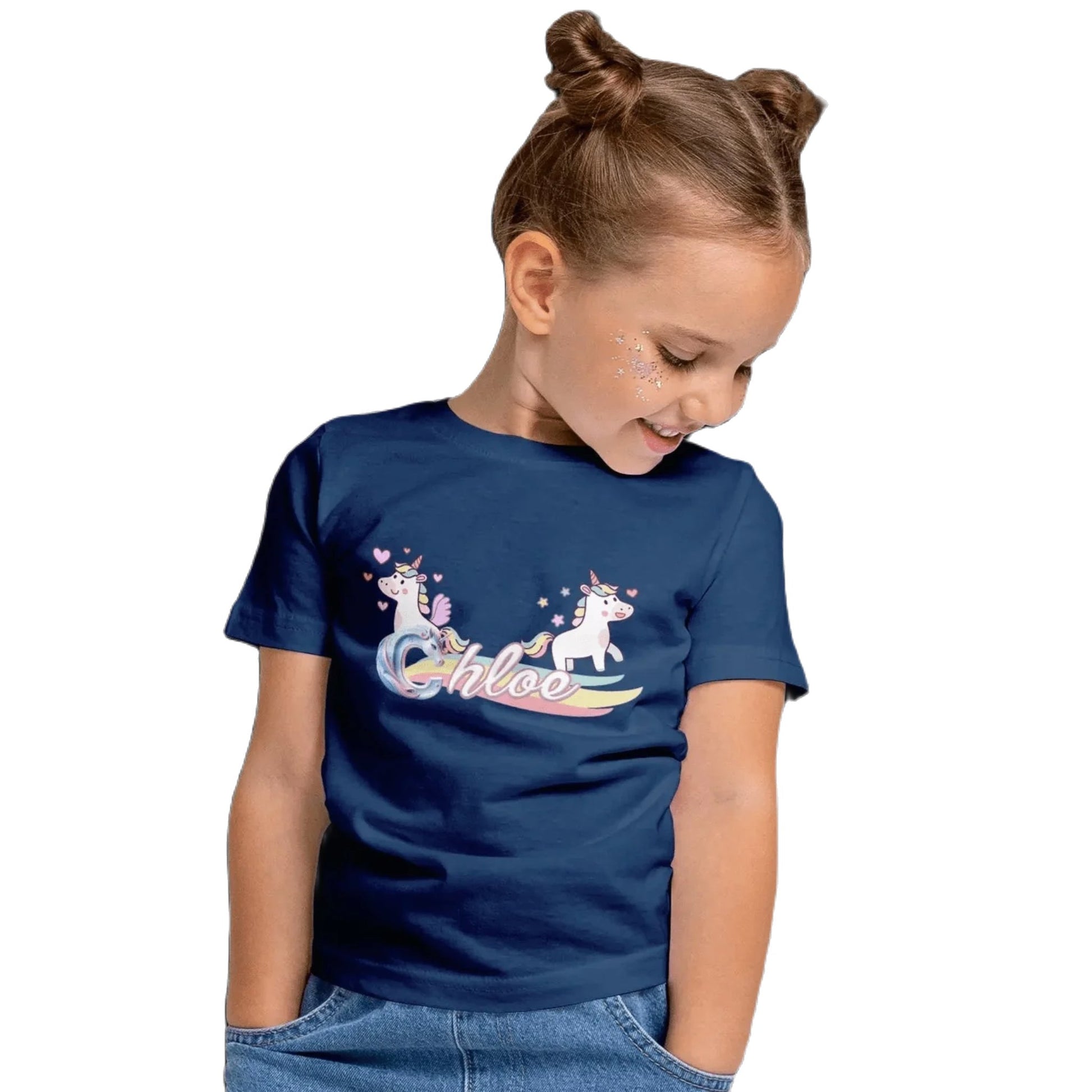 T shirt personnaliser fille – Prénom avec design 2 licornes et arc - en - ciel - MiniLook