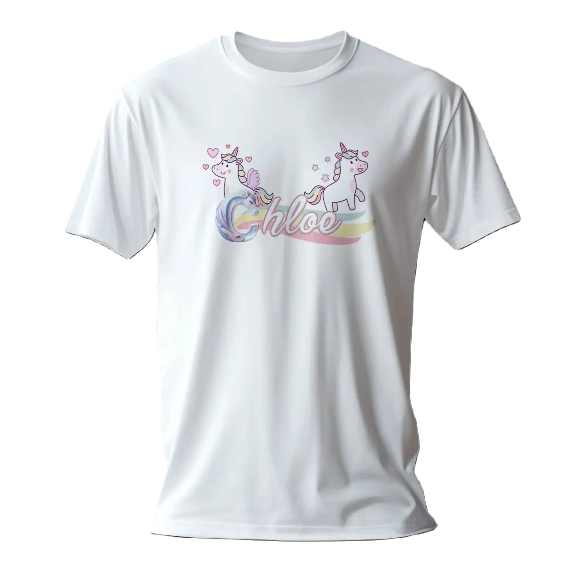 T shirt personnaliser fille – Prénom avec design 2 licornes et arc - en - ciel - MiniLook