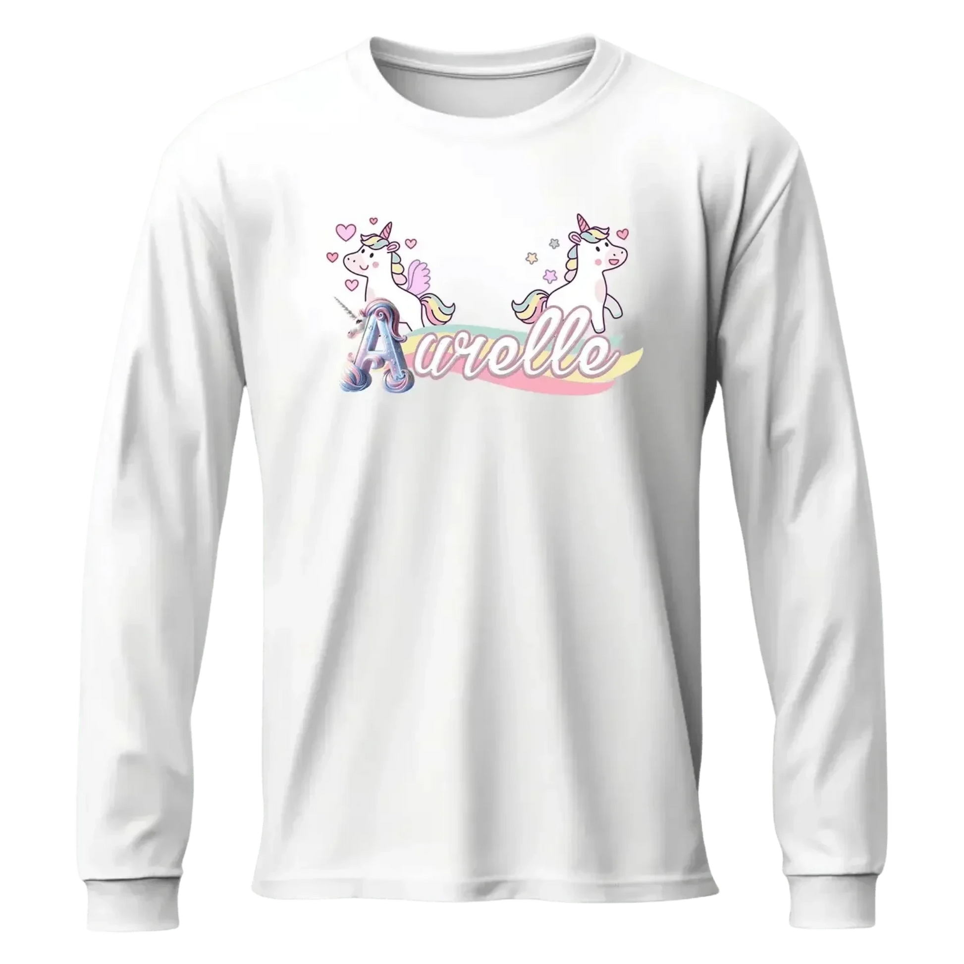 T shirt personnaliser fille – Prénom avec design 2 licornes et arc - en - ciel - MiniLook