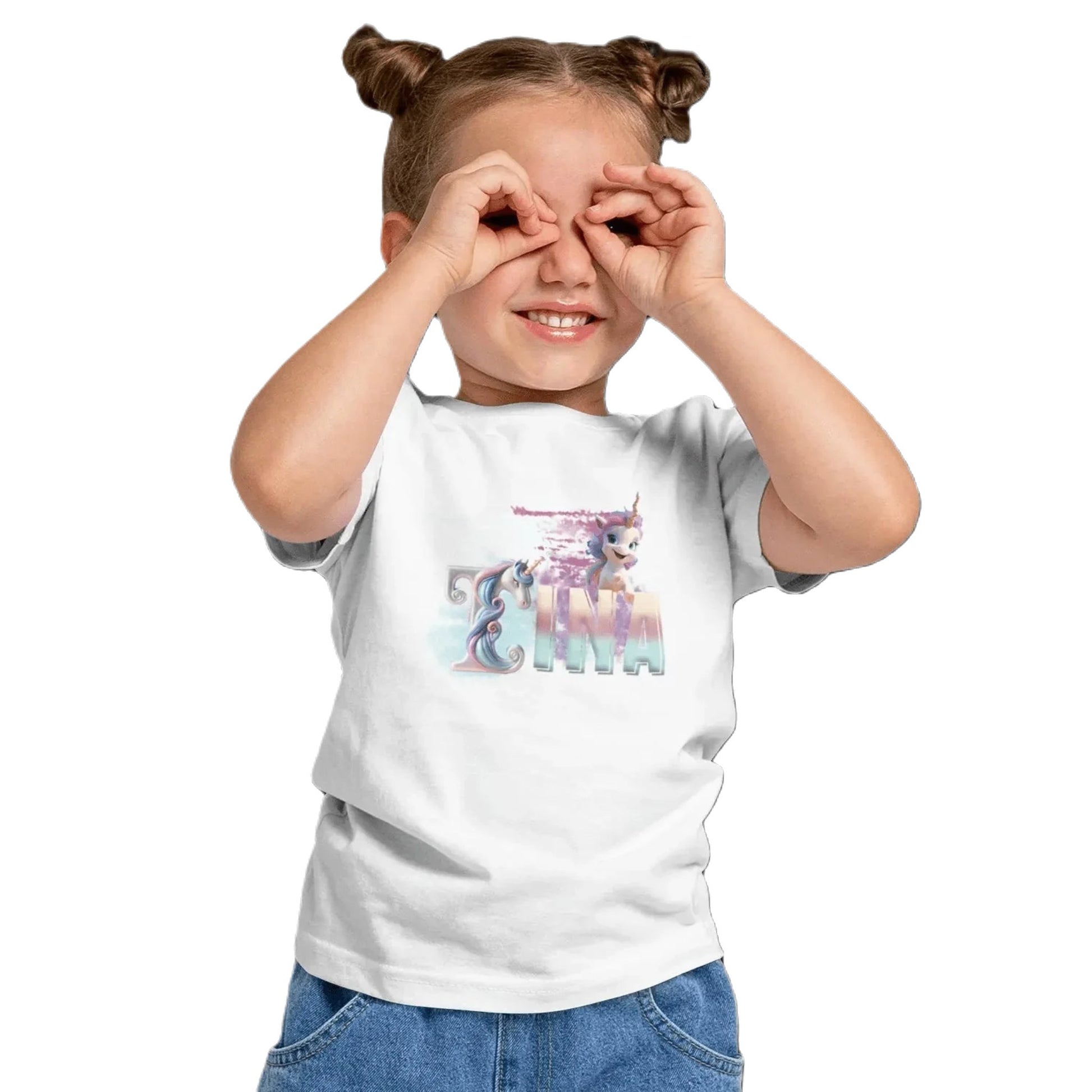 T shirt personnaliser fille – Prénom avec design 2 licornes et sentier rose - MiniLook