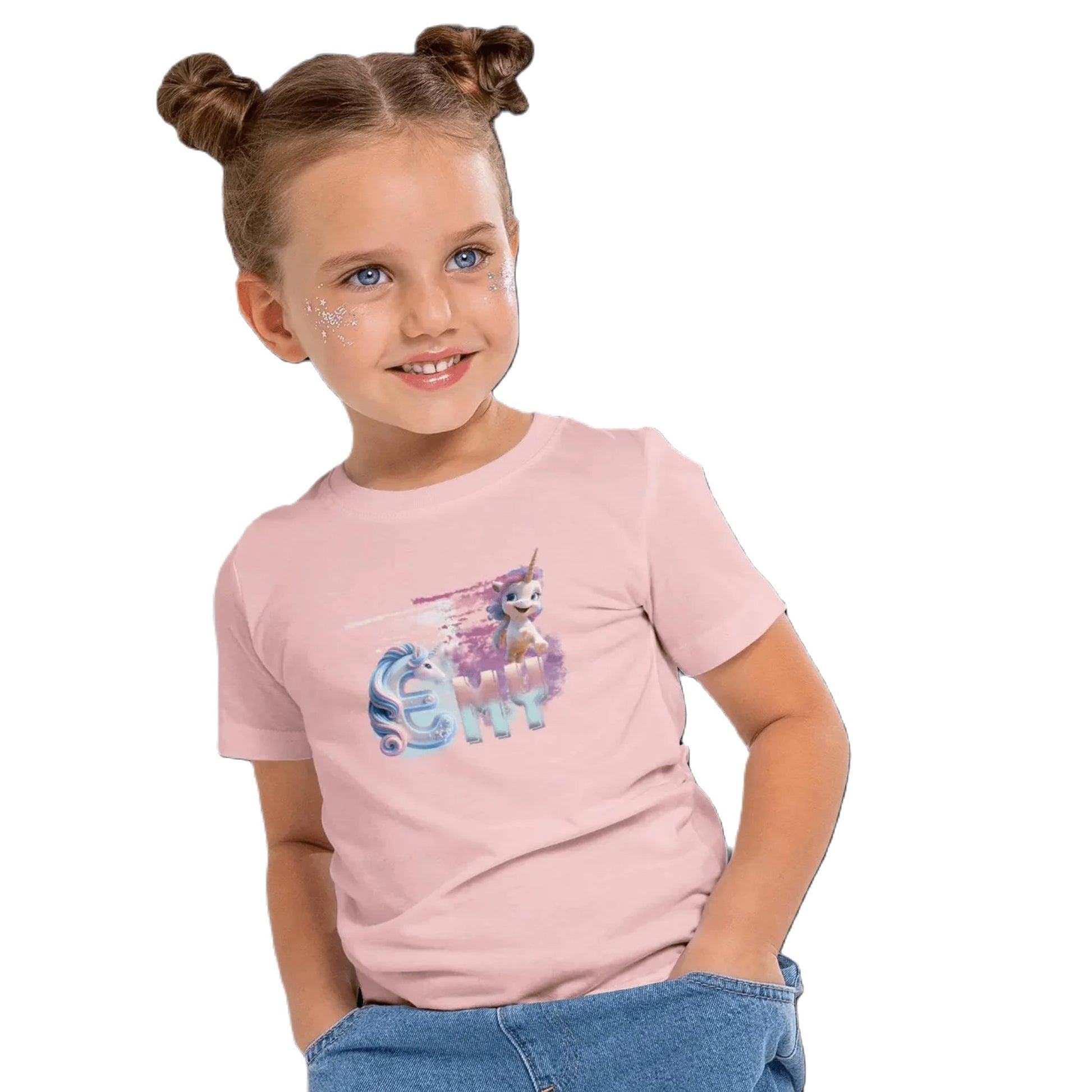 T shirt personnaliser fille – Prénom avec design 2 licornes et sentier rose - MiniLook