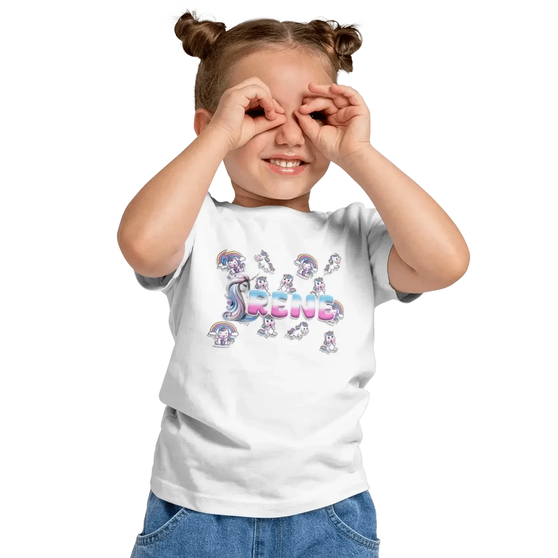 T shirt personnaliser fille – Prénom avec design bébés licornes et arc - en - ciel - MiniLook