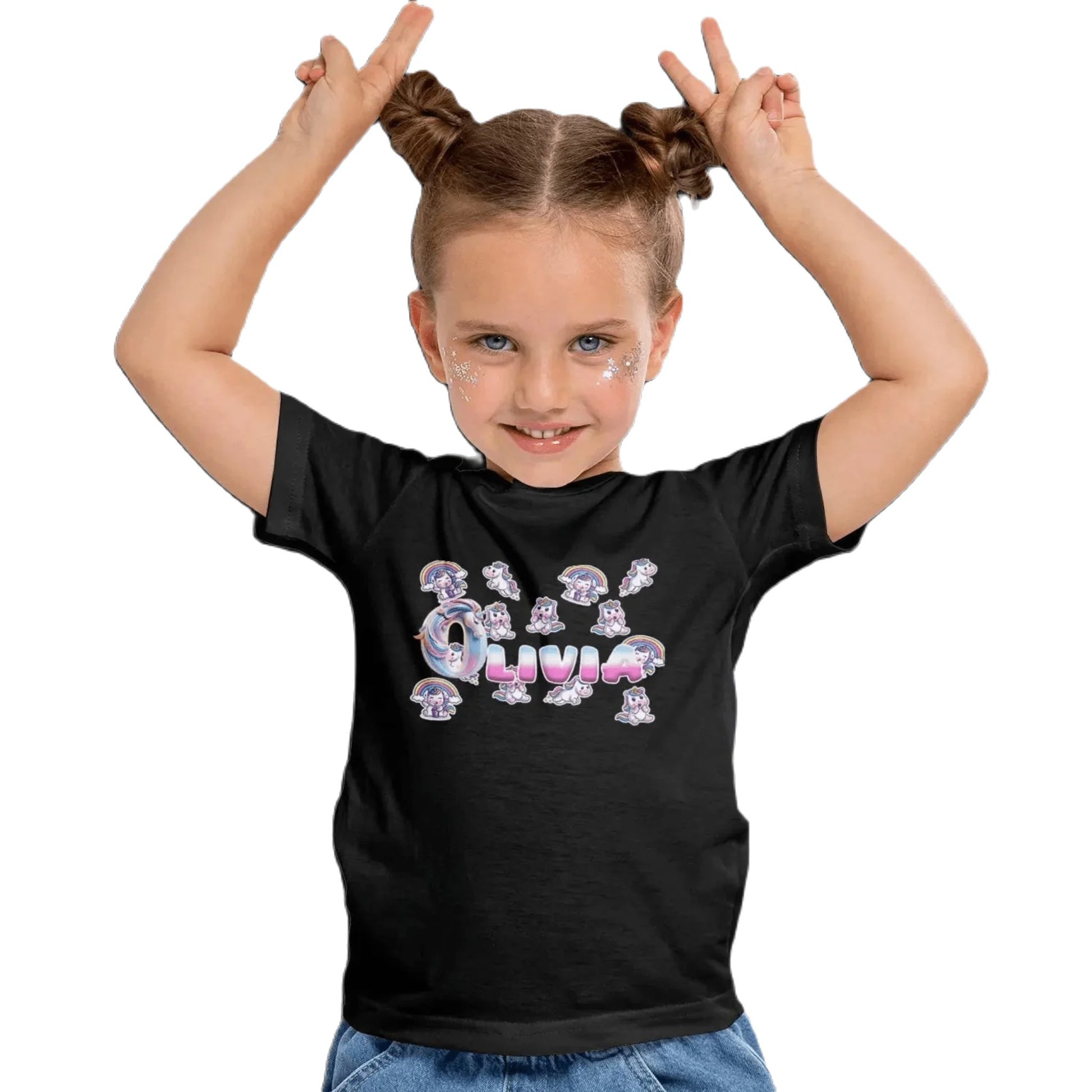 T shirt personnaliser fille – Prénom avec design bébés licornes et arc - en - ciel - MiniLook