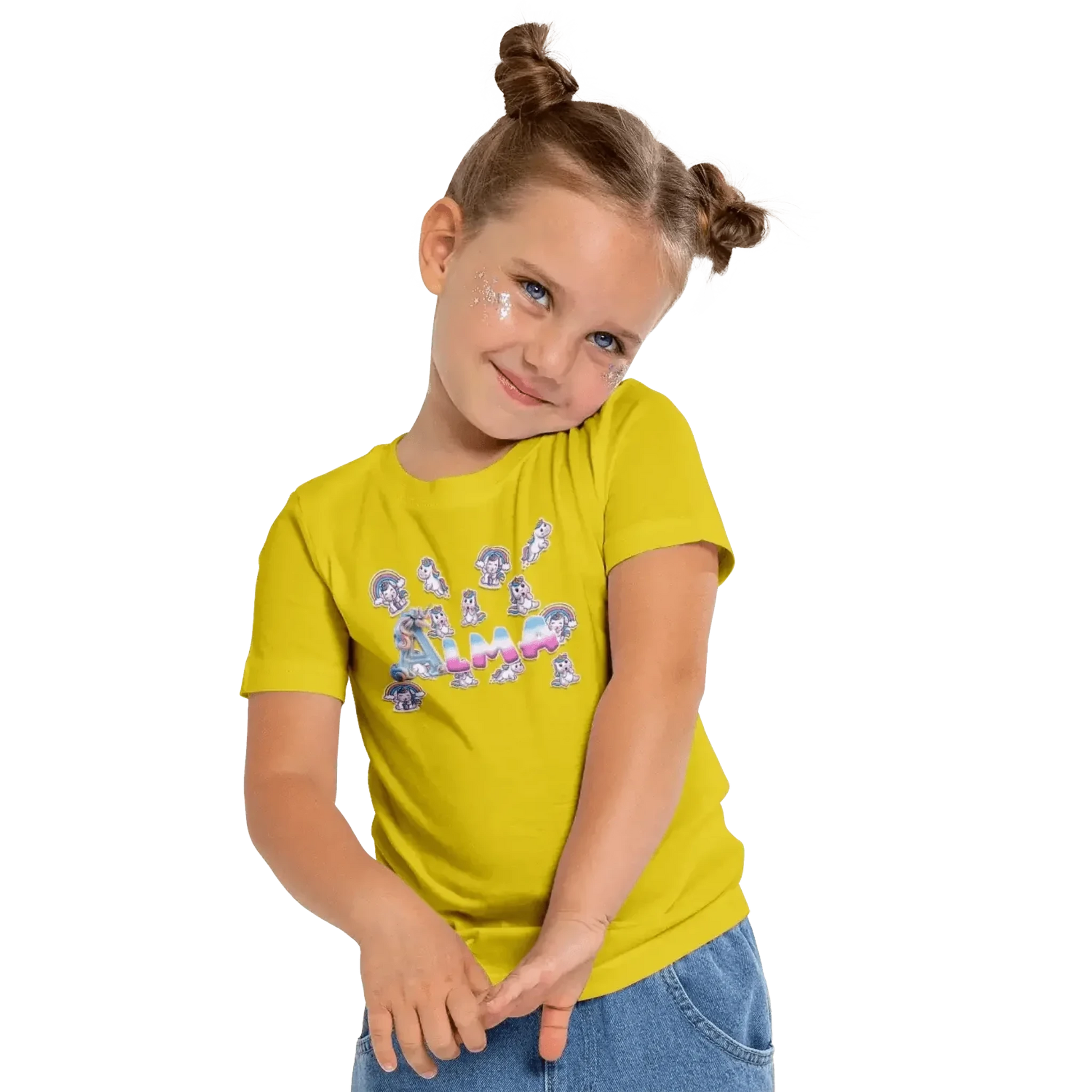 T shirt personnaliser fille – Prénom avec design bébés licornes et arc - en - ciel - MiniLook