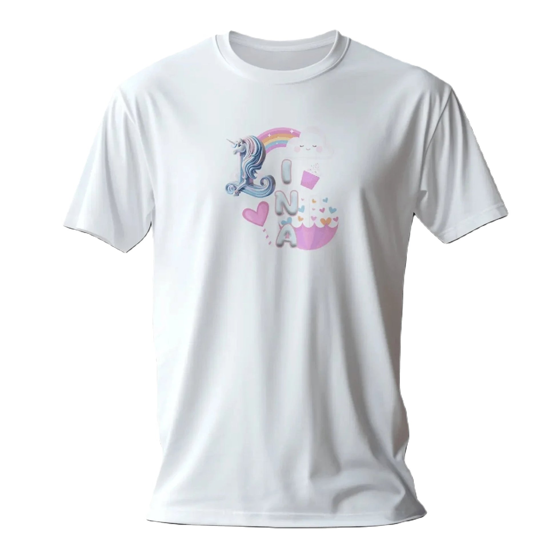 T shirt personnaliser fille – Prénom avec design licorne, nuages et arc - en - ciel - MiniLook