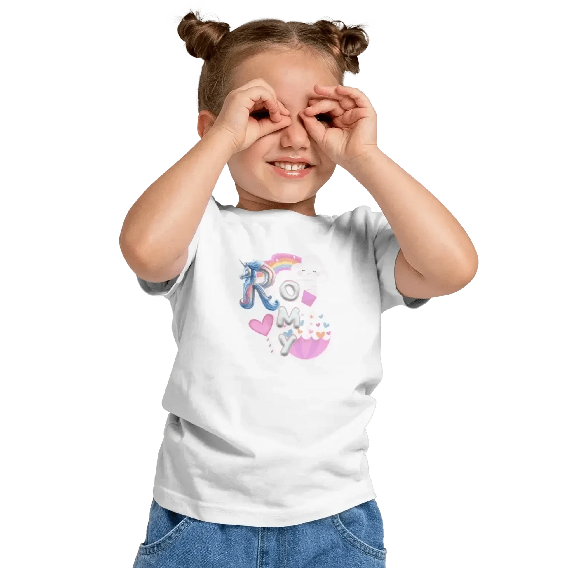 T shirt personnaliser fille – Prénom avec design licorne, nuages et arc - en - ciel - MiniLook