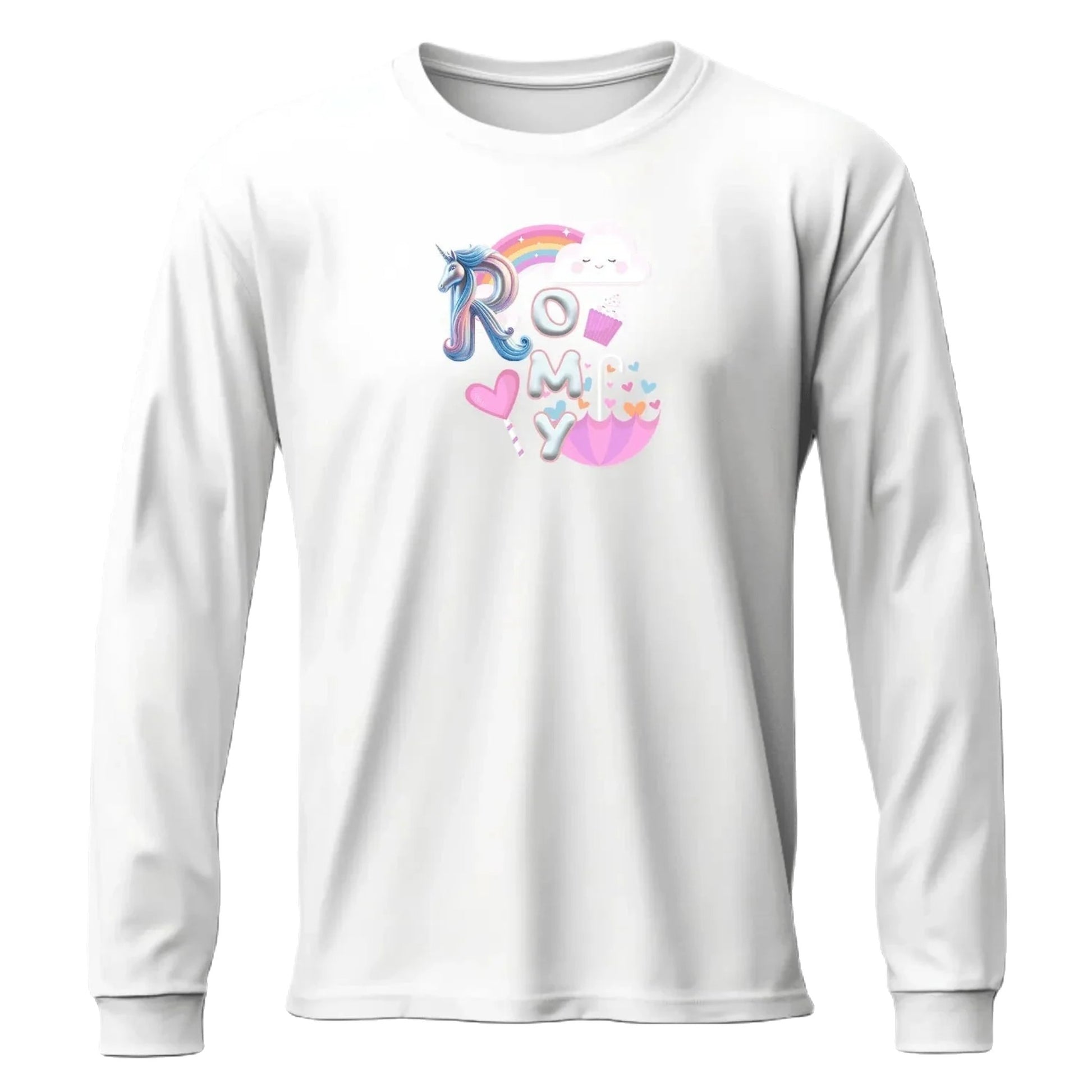 T shirt personnaliser fille – Prénom avec design licorne, nuages et arc - en - ciel - MiniLook