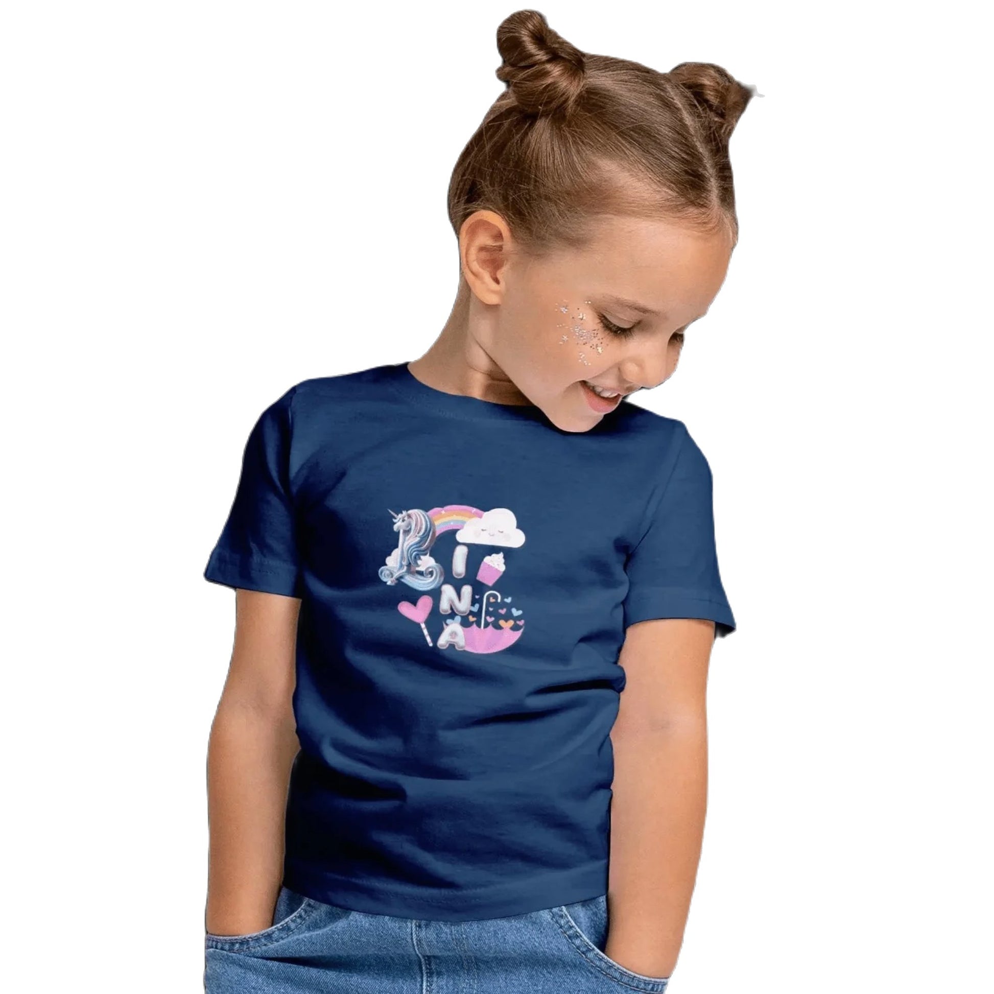 T shirt personnaliser fille – Prénom avec design licorne, nuages et arc - en - ciel - MiniLook