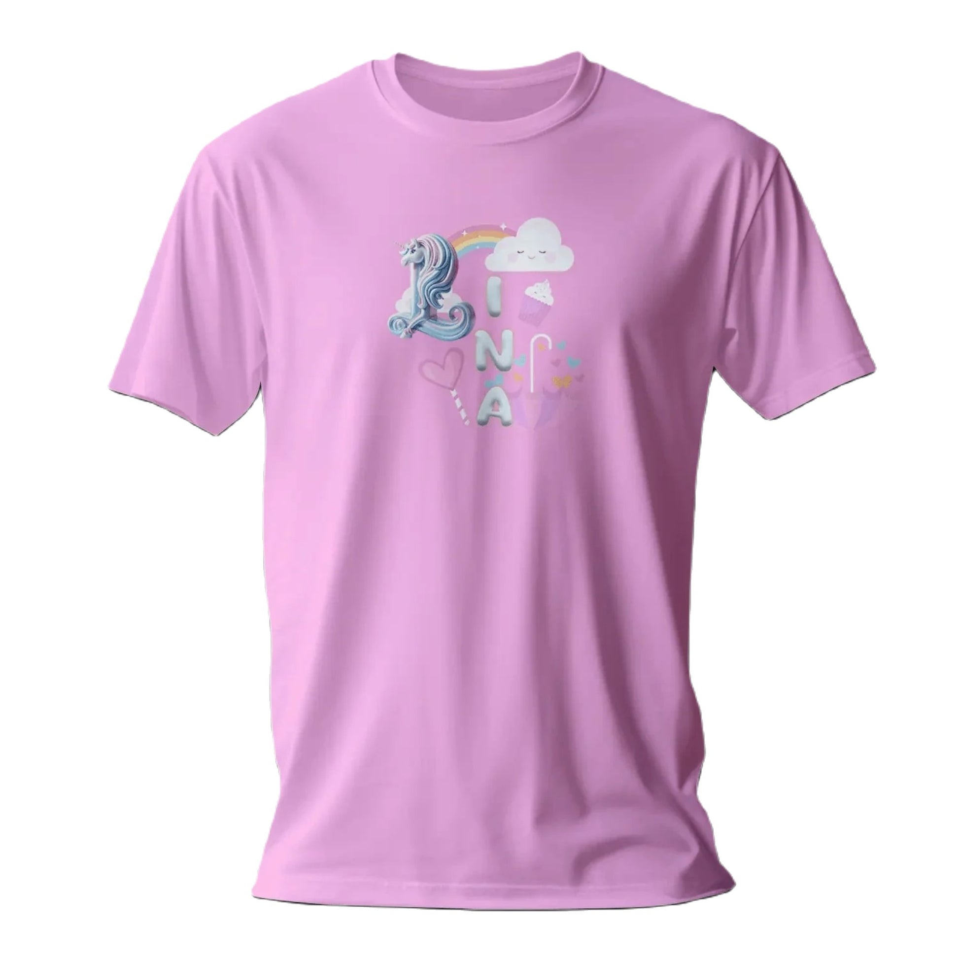 T shirt personnaliser fille – Prénom avec design licorne, nuages et arc - en - ciel - MiniLook