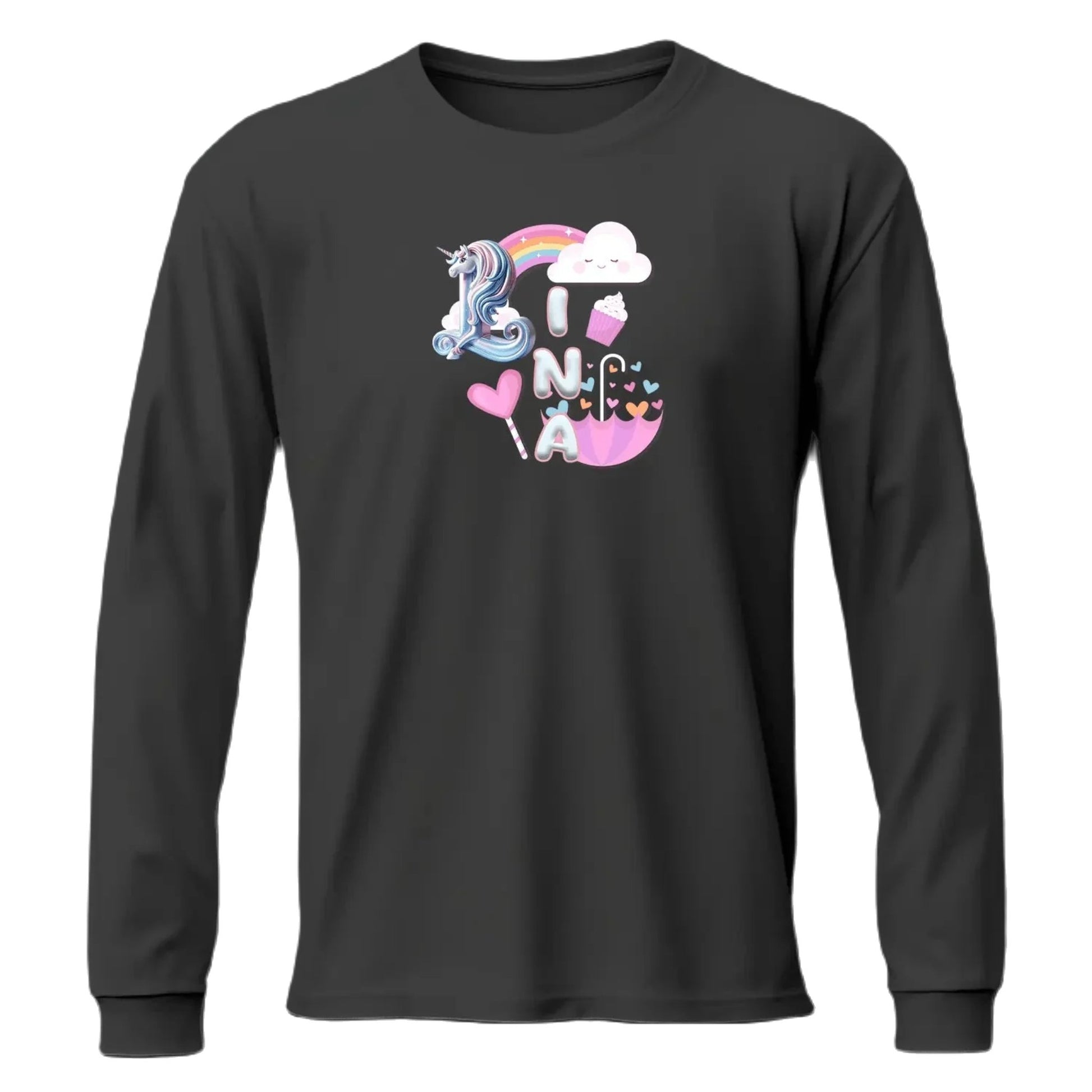 T shirt personnaliser fille – Prénom avec design licorne, nuages et arc - en - ciel - MiniLook