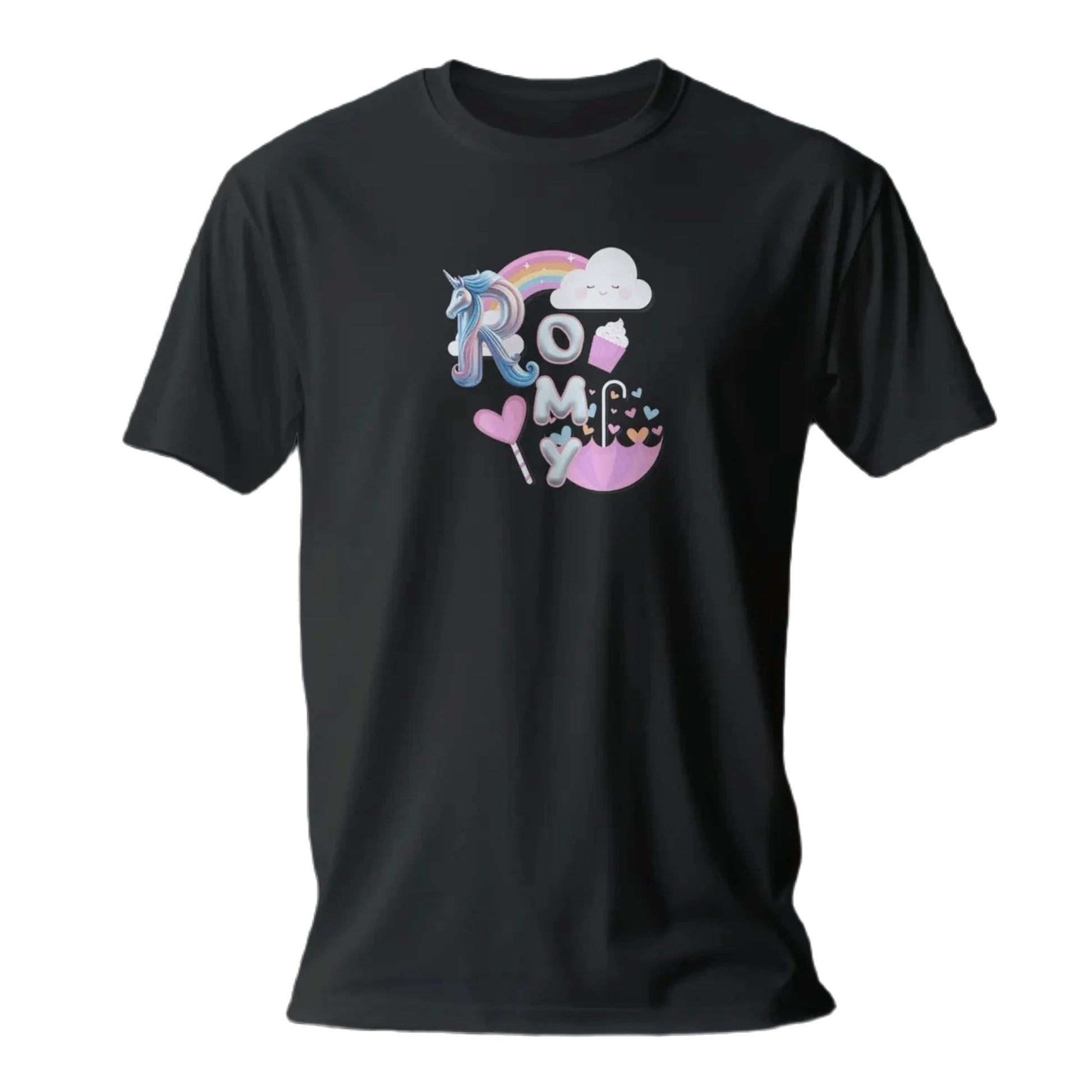 T shirt personnaliser fille – Prénom avec design licorne, nuages et arc - en - ciel - MiniLook