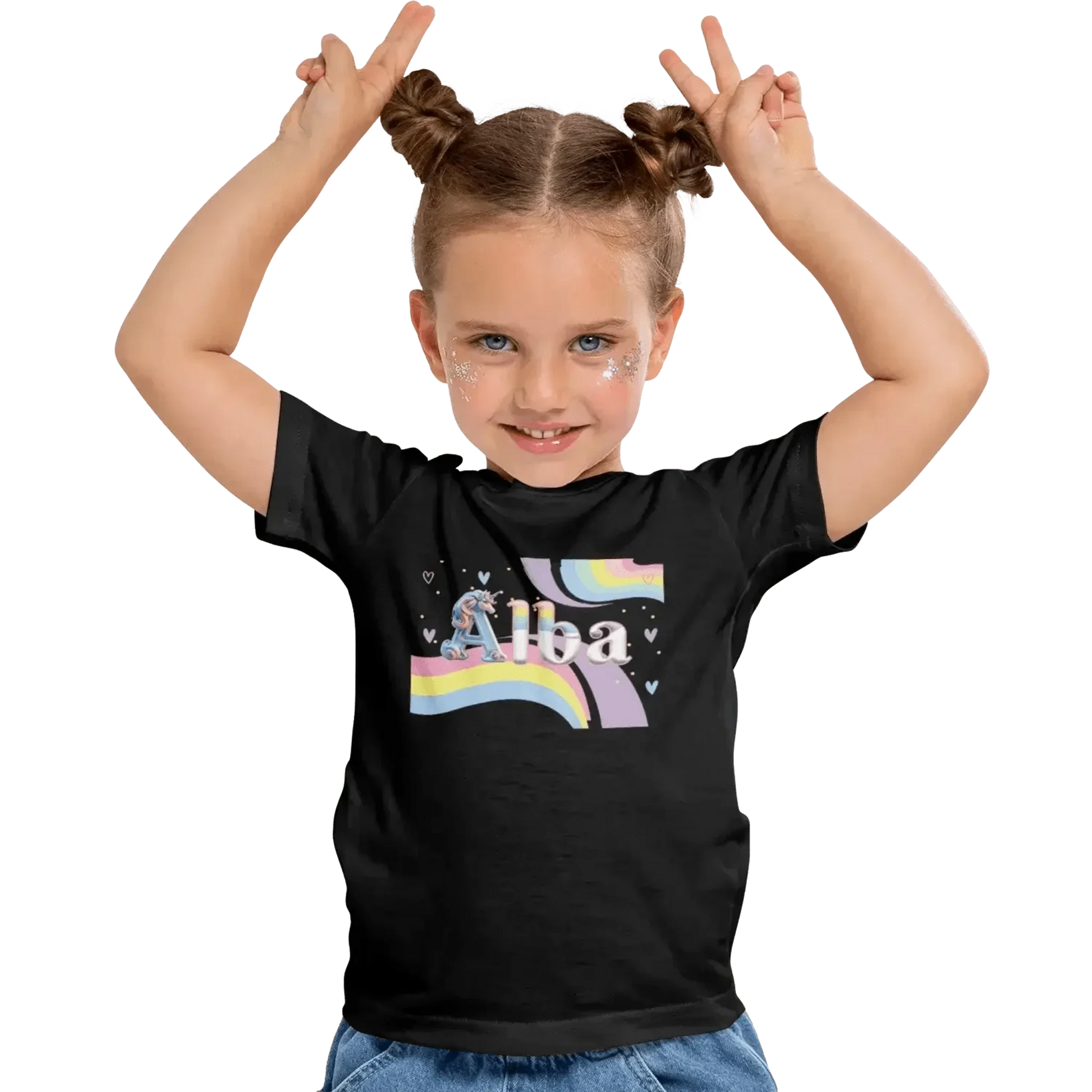 T shirt personnaliser fille – Prénom avec design licornes et éclaboussures de couleur - MiniLook