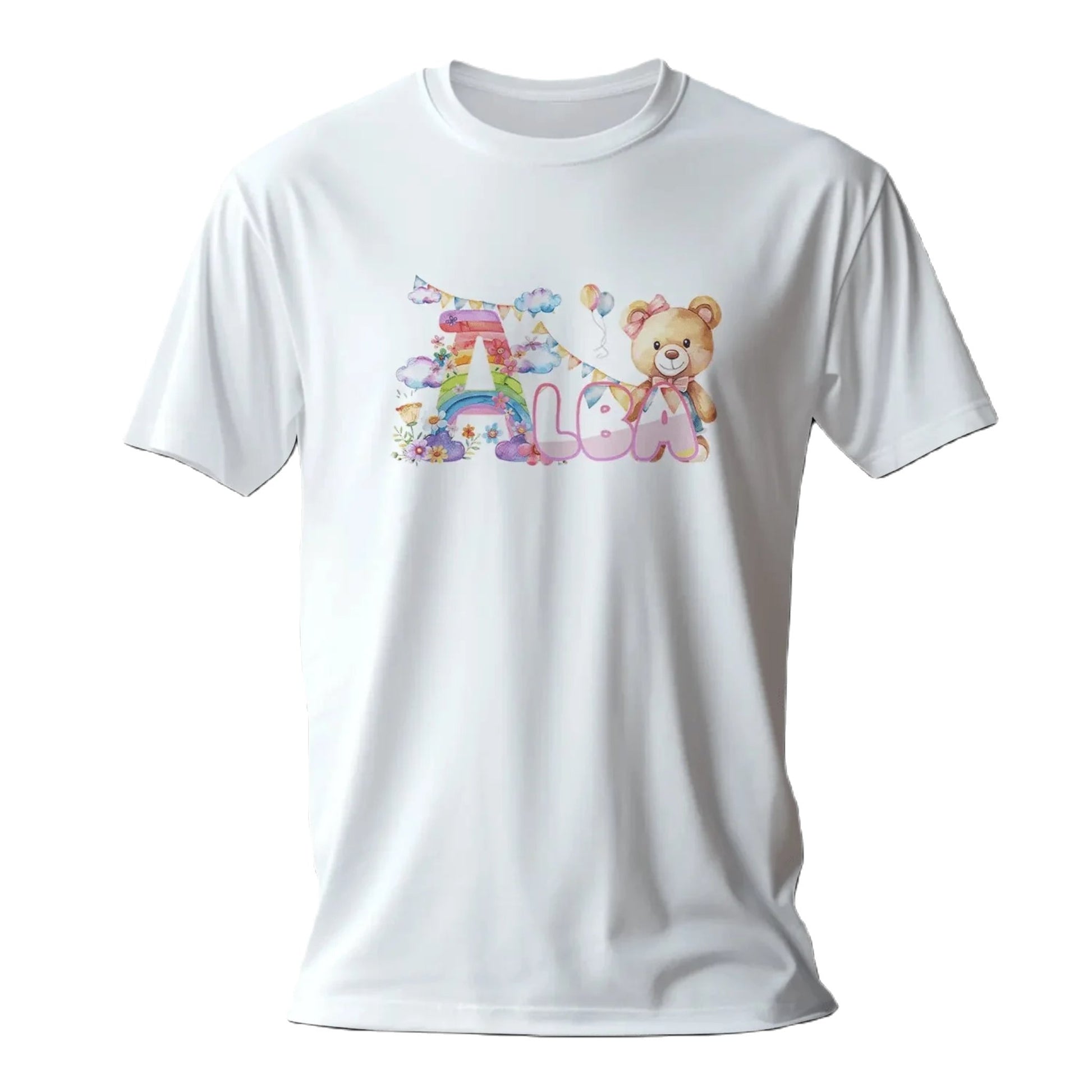 T shirt personnaliser fille – Prénom avec design nuages colorés et ours en peluche - MiniLook