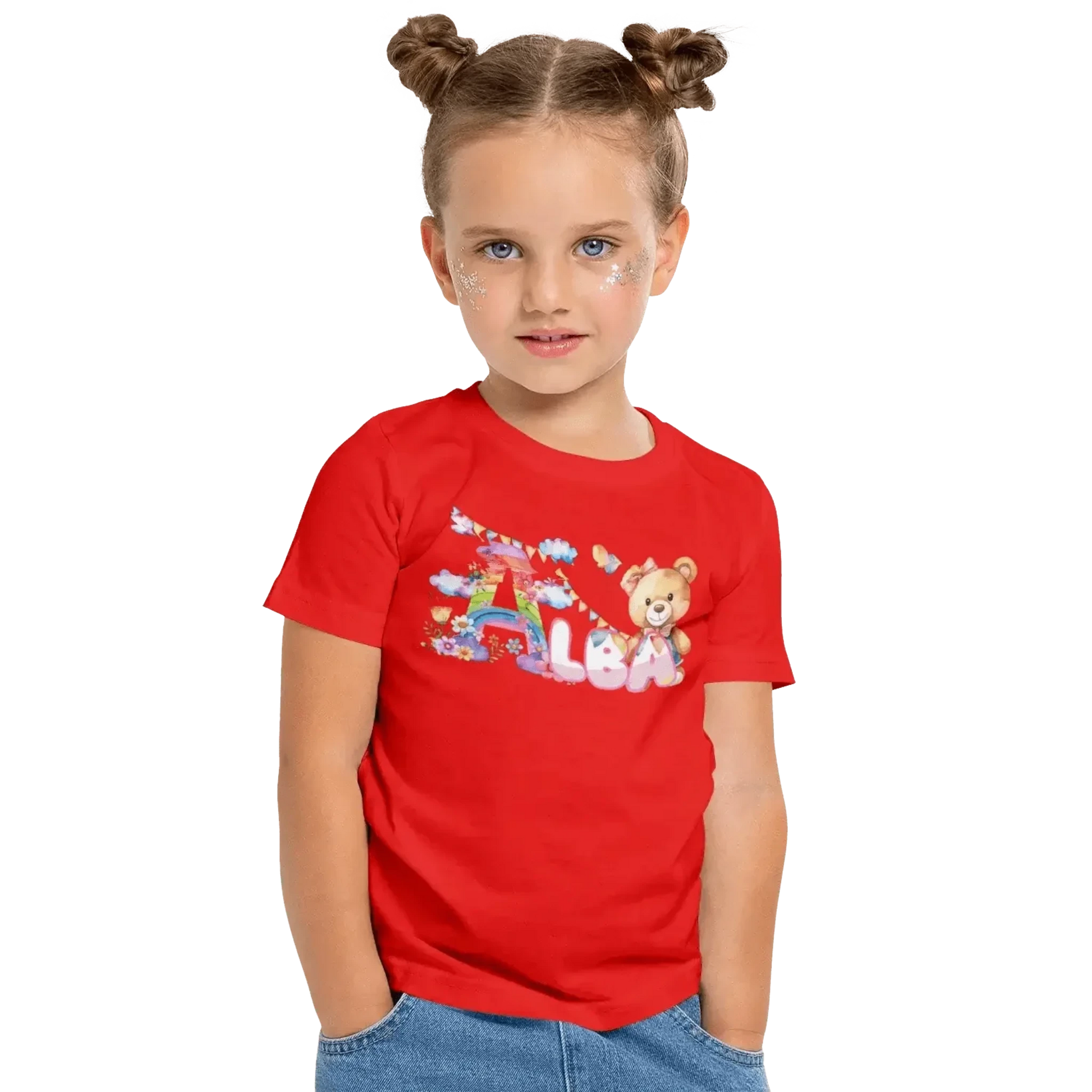 T shirt personnaliser fille – Prénom avec design nuages colorés et ours en peluche - MiniLook