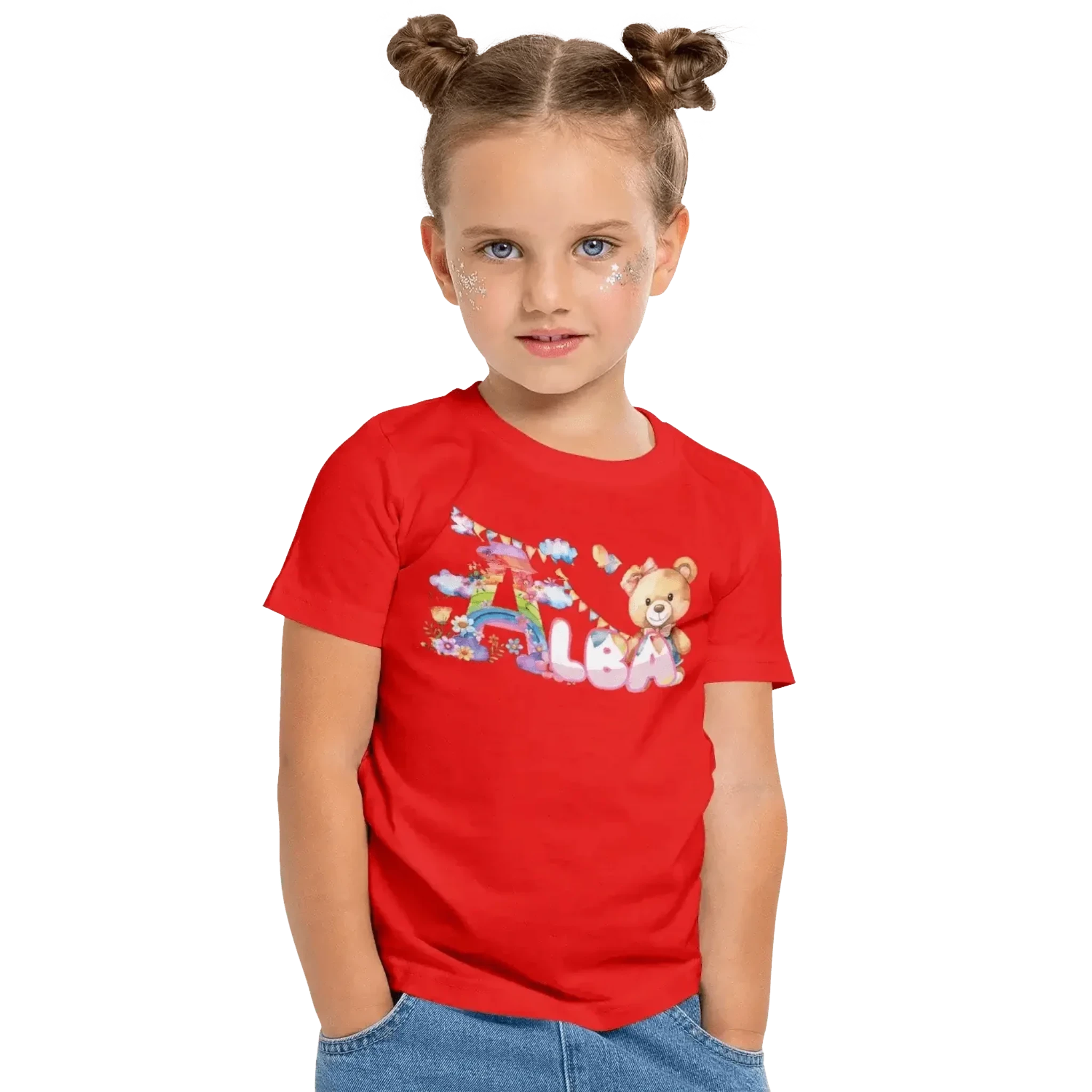 T shirt personnaliser fille – Prénom avec design nuages colorés et ours en peluche - MiniLook