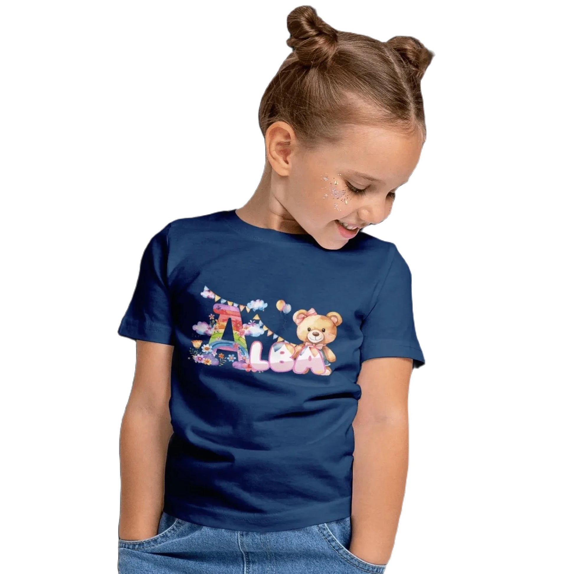 T shirt personnaliser fille – Prénom avec design nuages colorés et ours en peluche - MiniLook