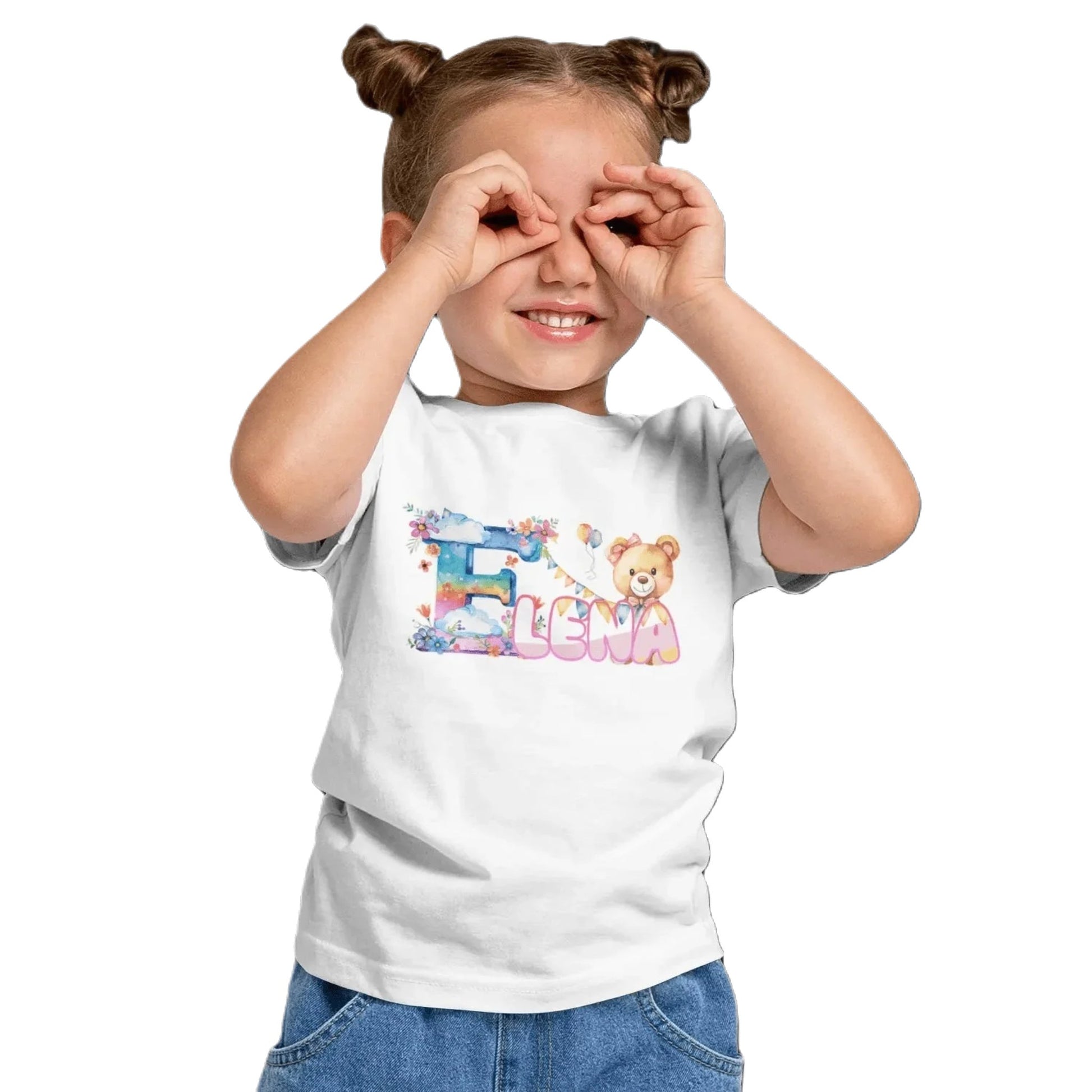 T shirt personnaliser fille – Prénom avec design nuages colorés et ours en peluche - MiniLook