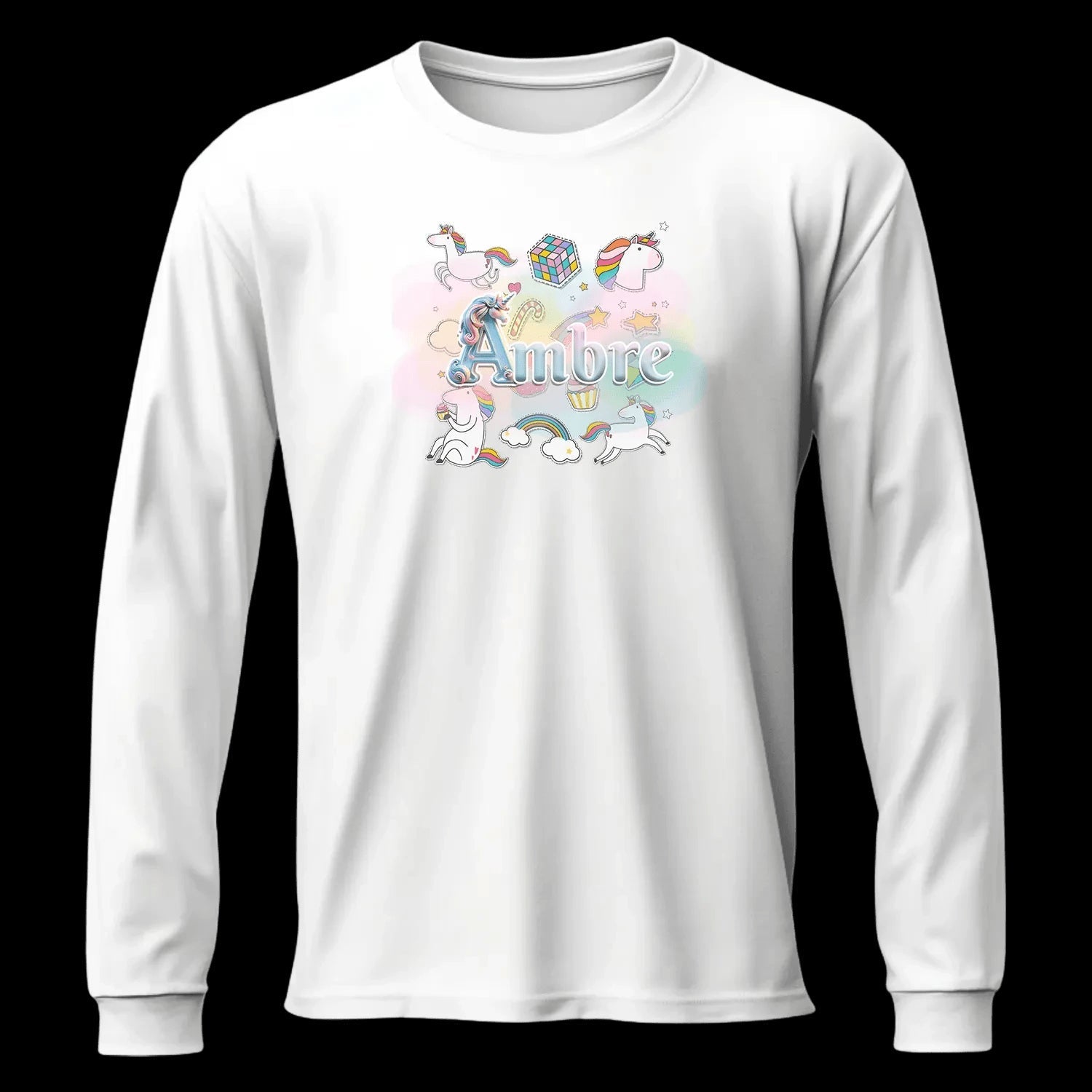 T shirt personnaliser fille – Prénom avec fond étoiles, nuage et licorne - MiniLook