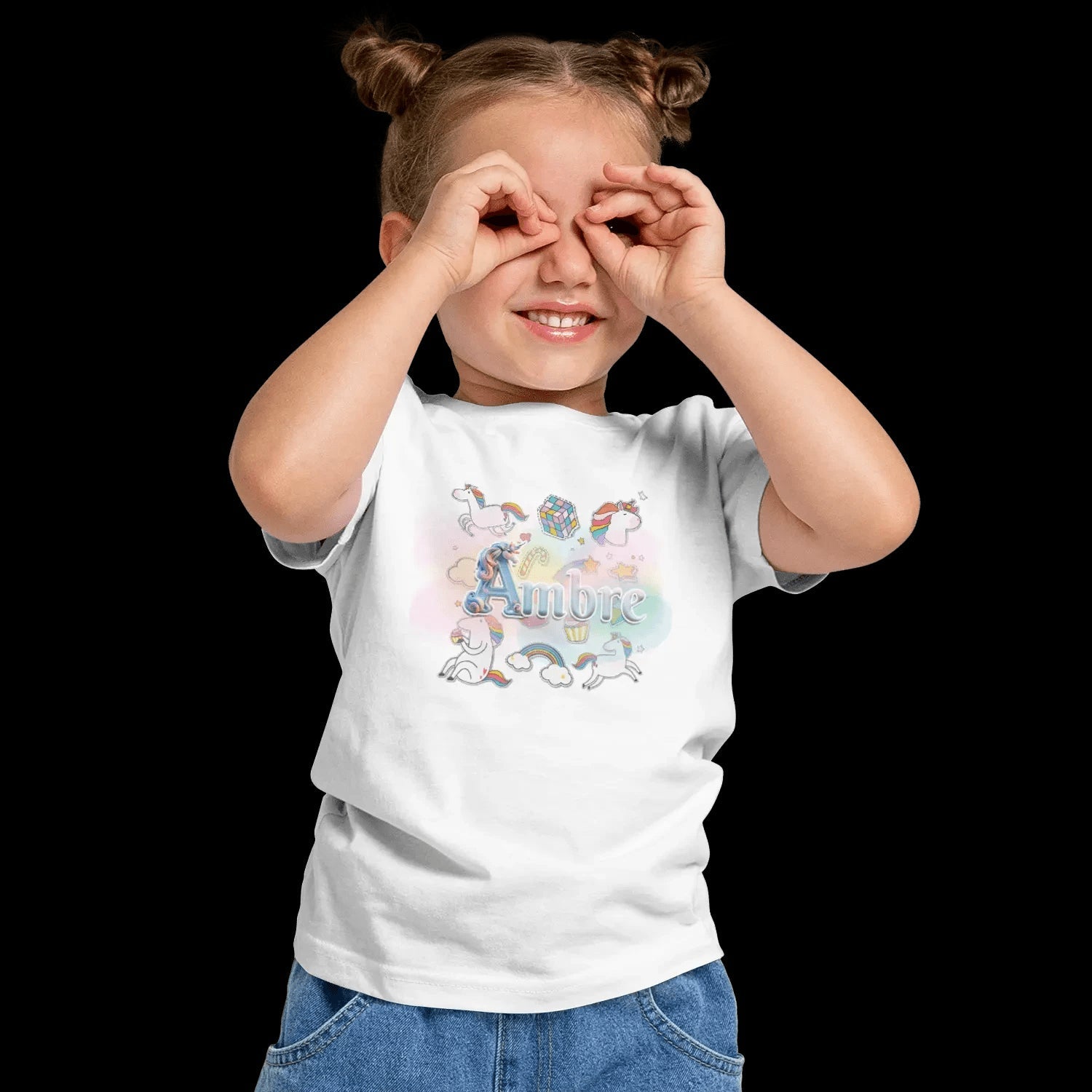 T shirt personnaliser fille – Prénom avec fond étoiles, nuage et licorne - MiniLook