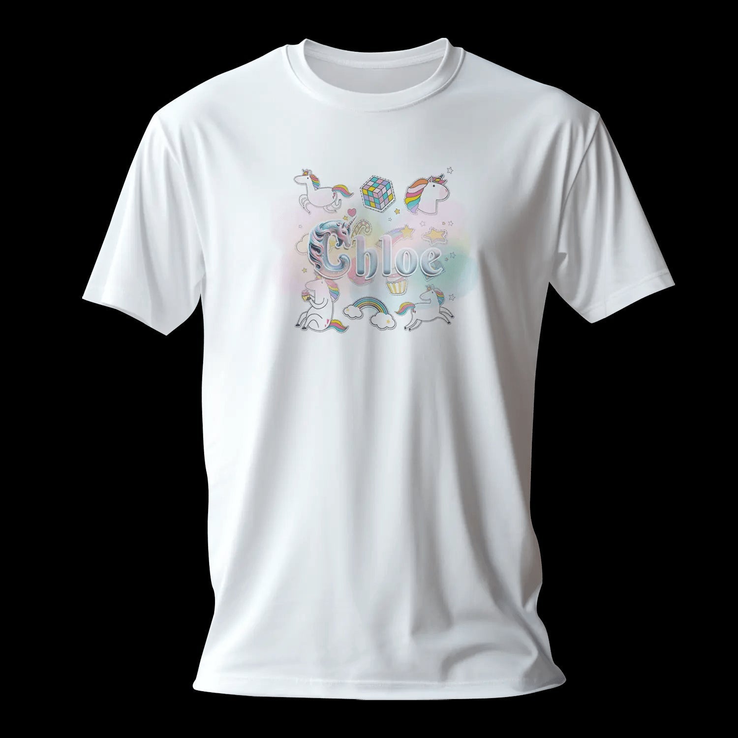 T shirt personnaliser fille – Prénom avec fond étoiles, nuage et licorne - MiniLook