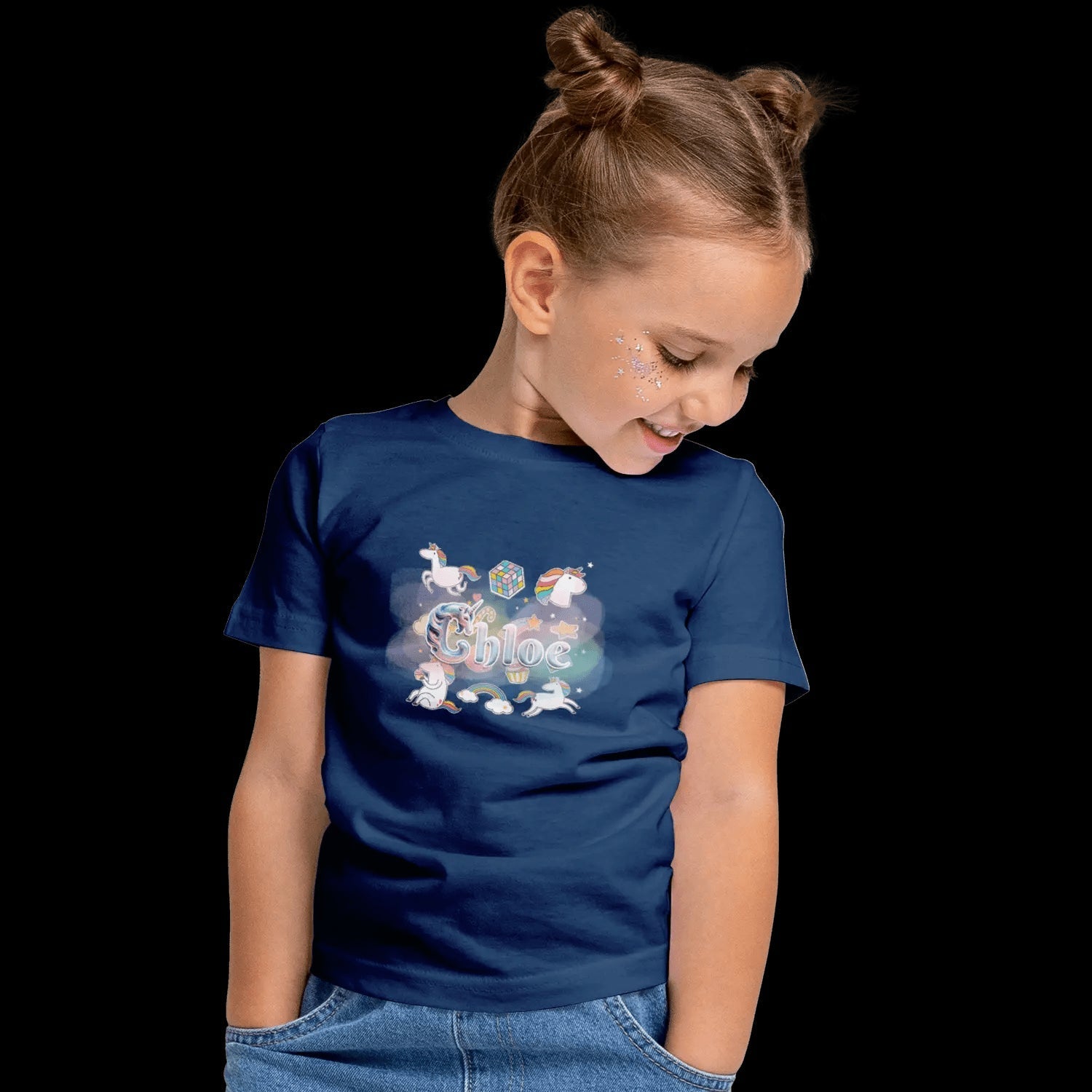 T shirt personnaliser fille – Prénom avec fond étoiles, nuage et licorne - MiniLook