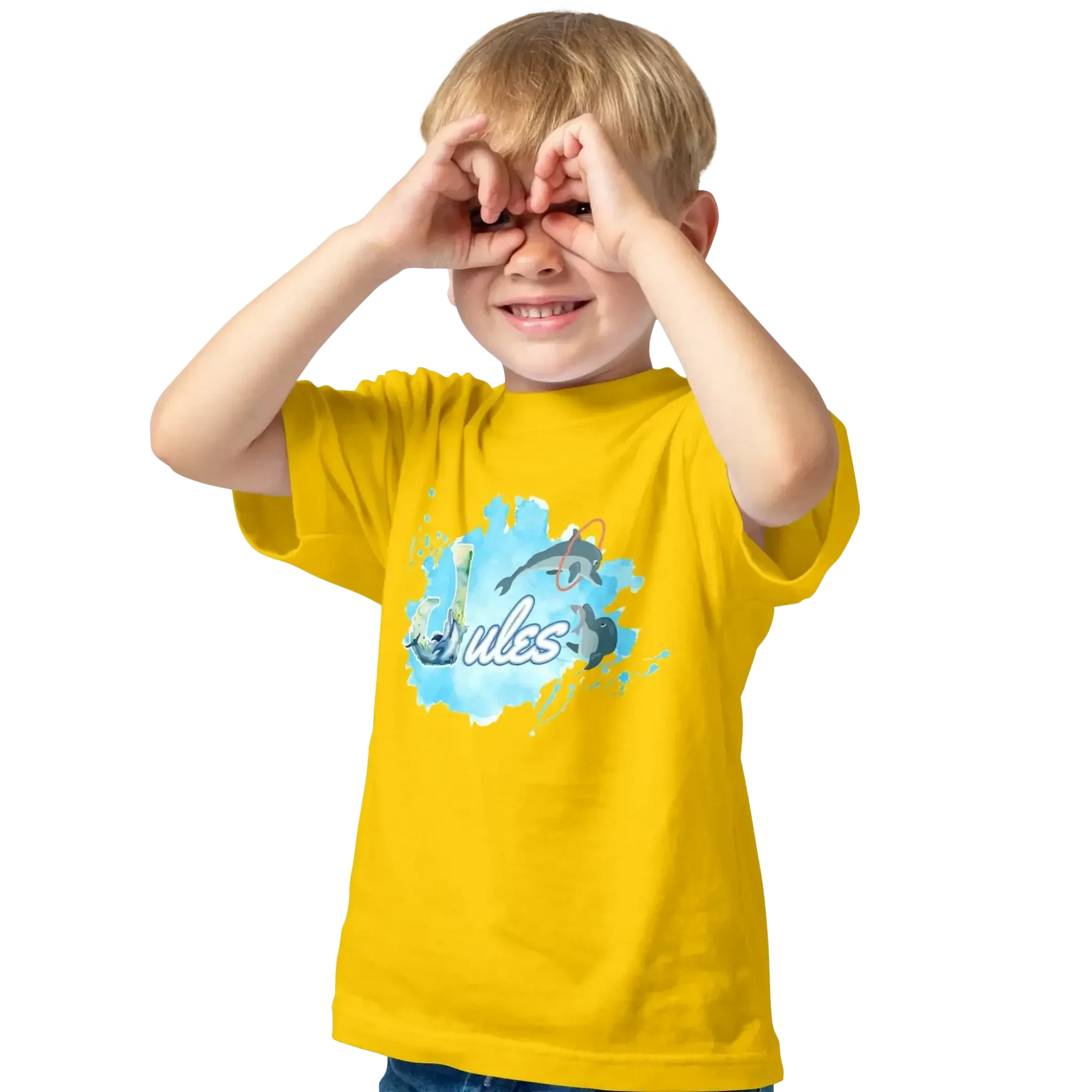 T shirt personnaliser pour enfants - Dauphin et cascade d’anneaux avec prénom - MiniLook