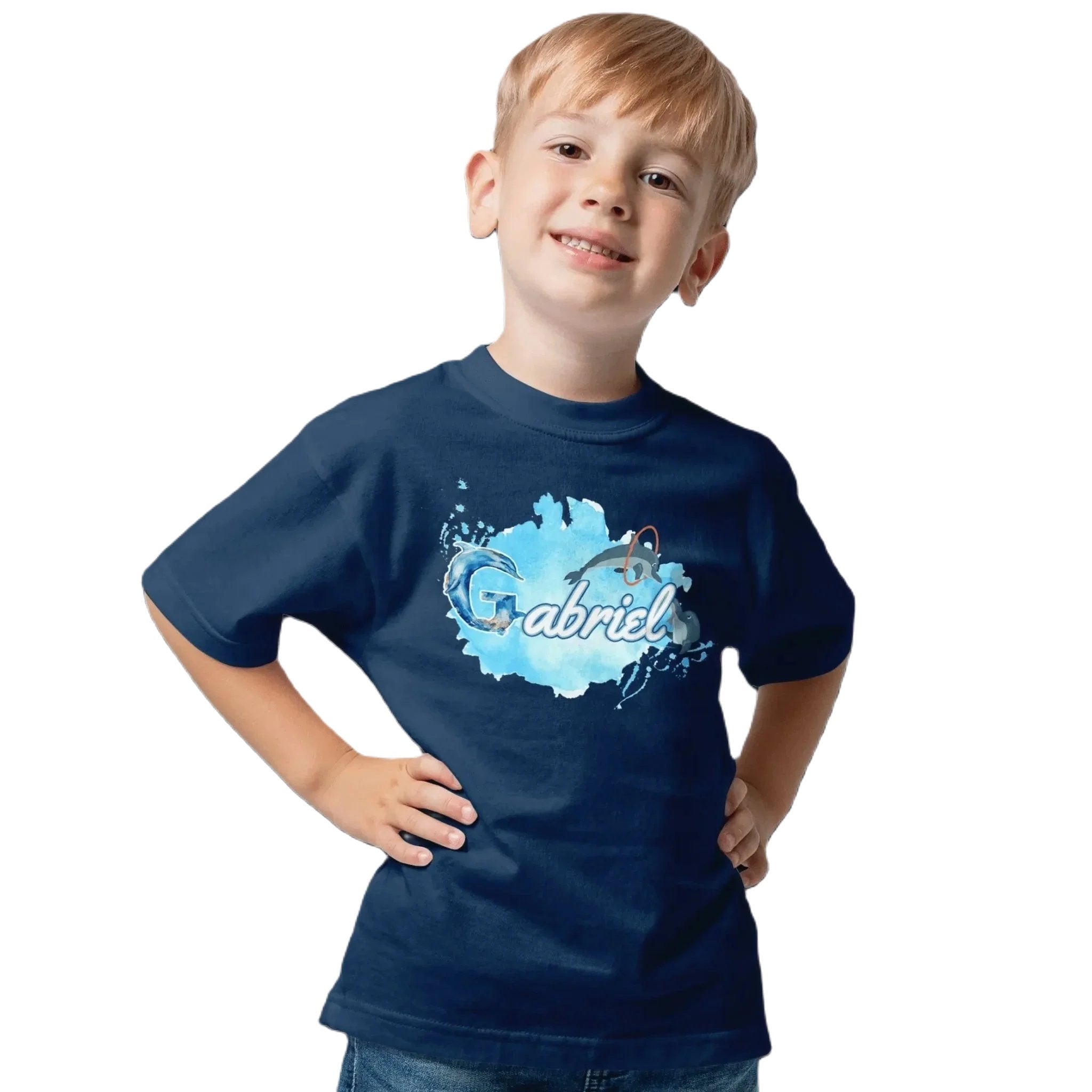 T shirt personnaliser pour enfants - Dauphin et cascade d’anneaux avec prénom - MiniLook