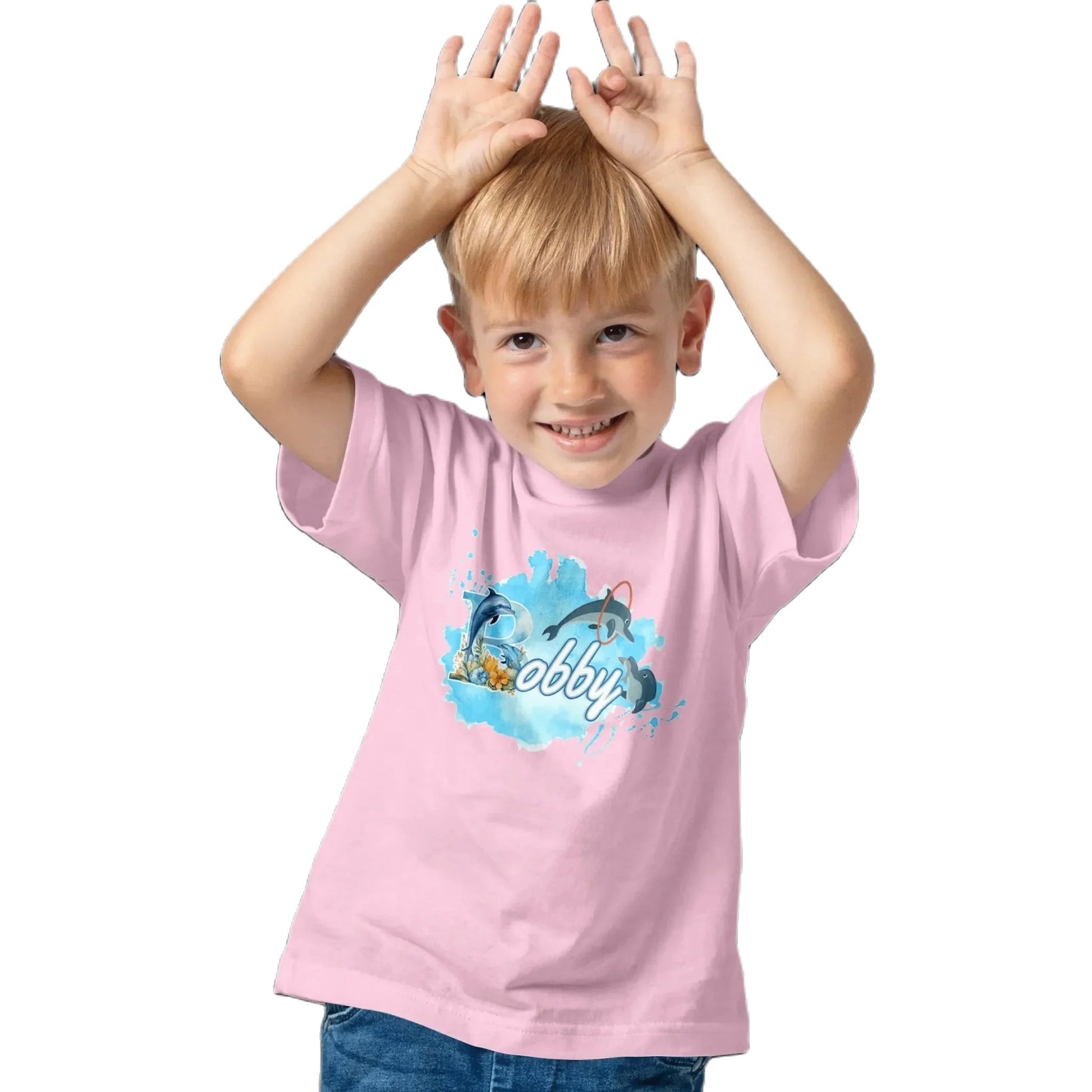 T shirt personnaliser pour enfants - Dauphin et cascade d’anneaux avec prénom - MiniLook