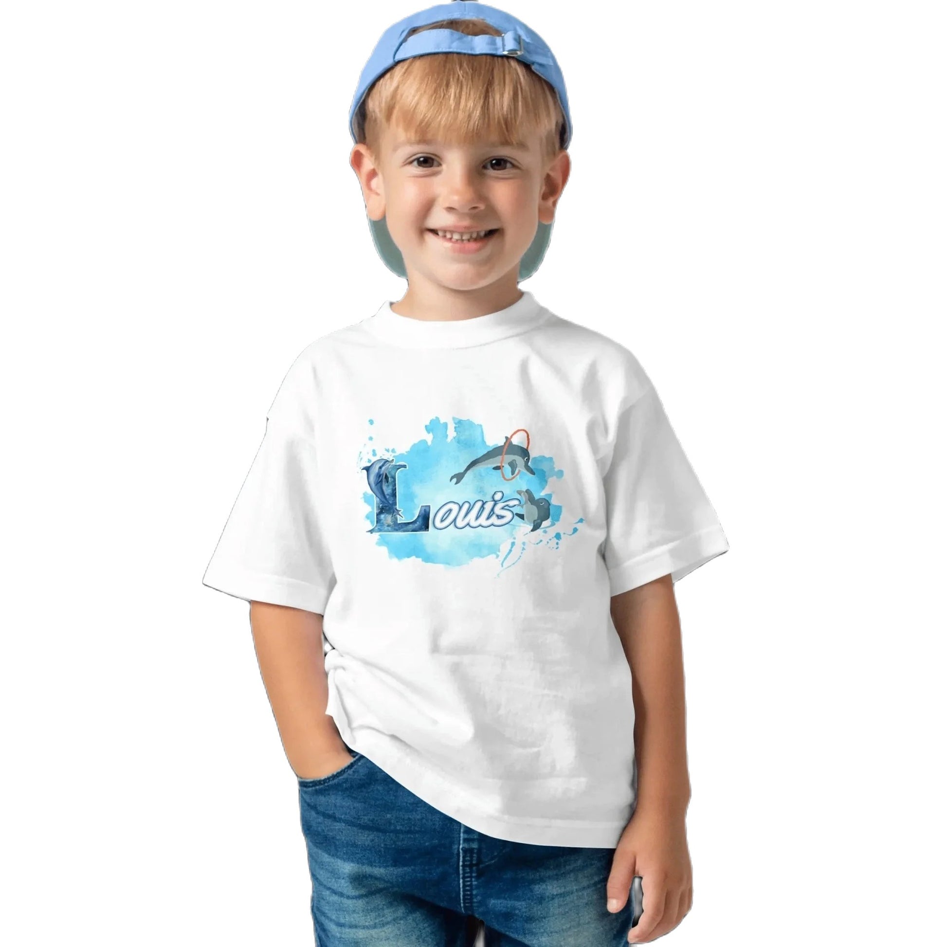 T shirt personnaliser pour enfants - Dauphin et cascade d’anneaux avec prénom - MiniLook