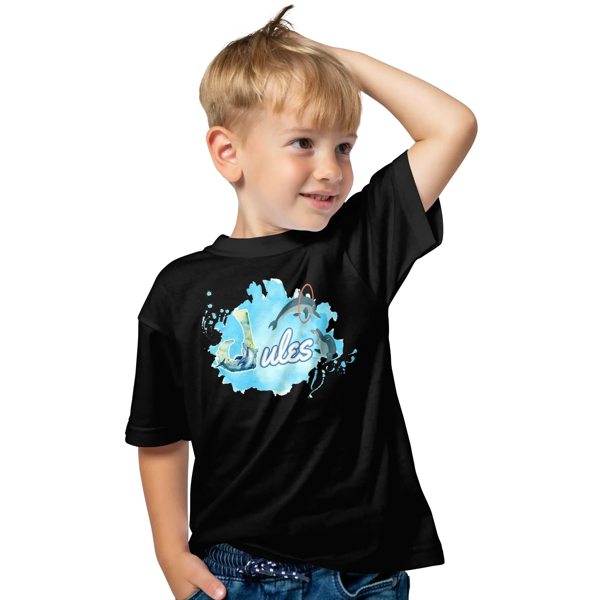 T shirt personnaliser pour enfants - Dauphin et cascade d’anneaux avec prénom - MiniLook