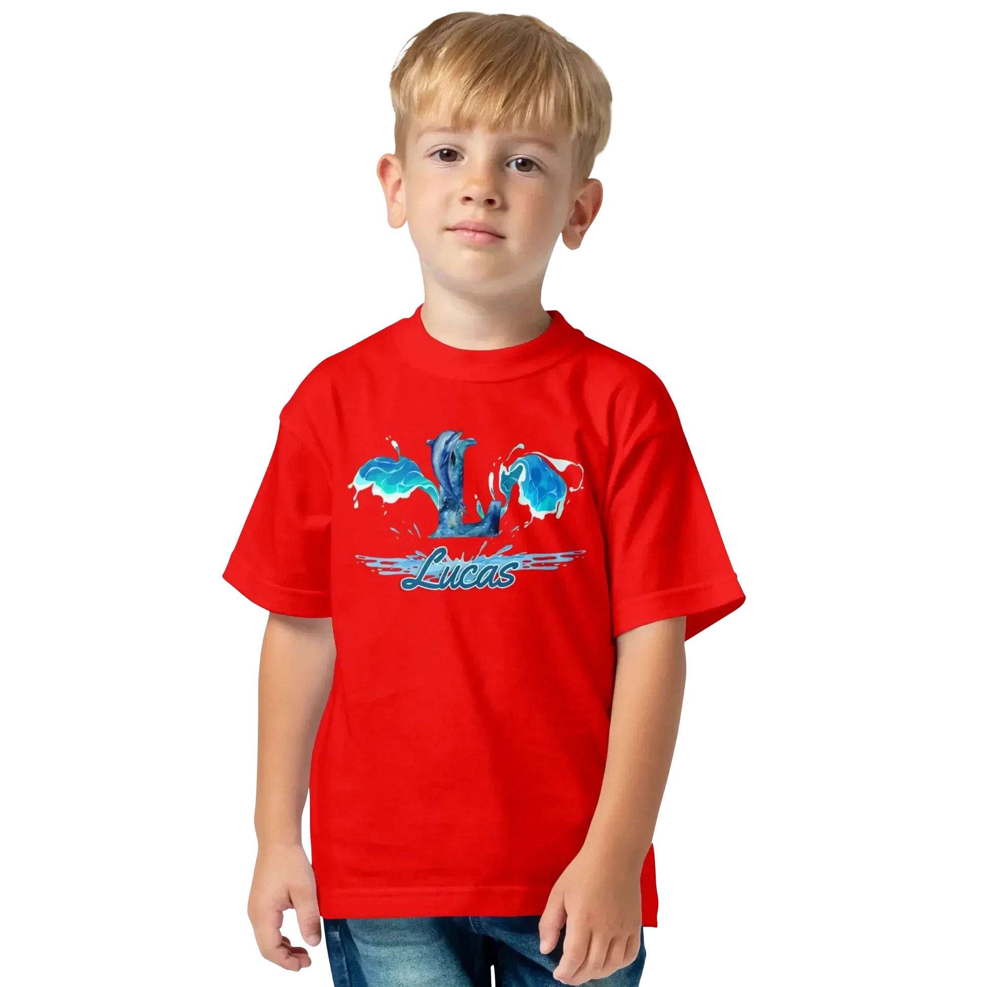 T shirt personnaliser pour enfants - Dauphin et éclaboussures d'eau avec prénom - MiniLook